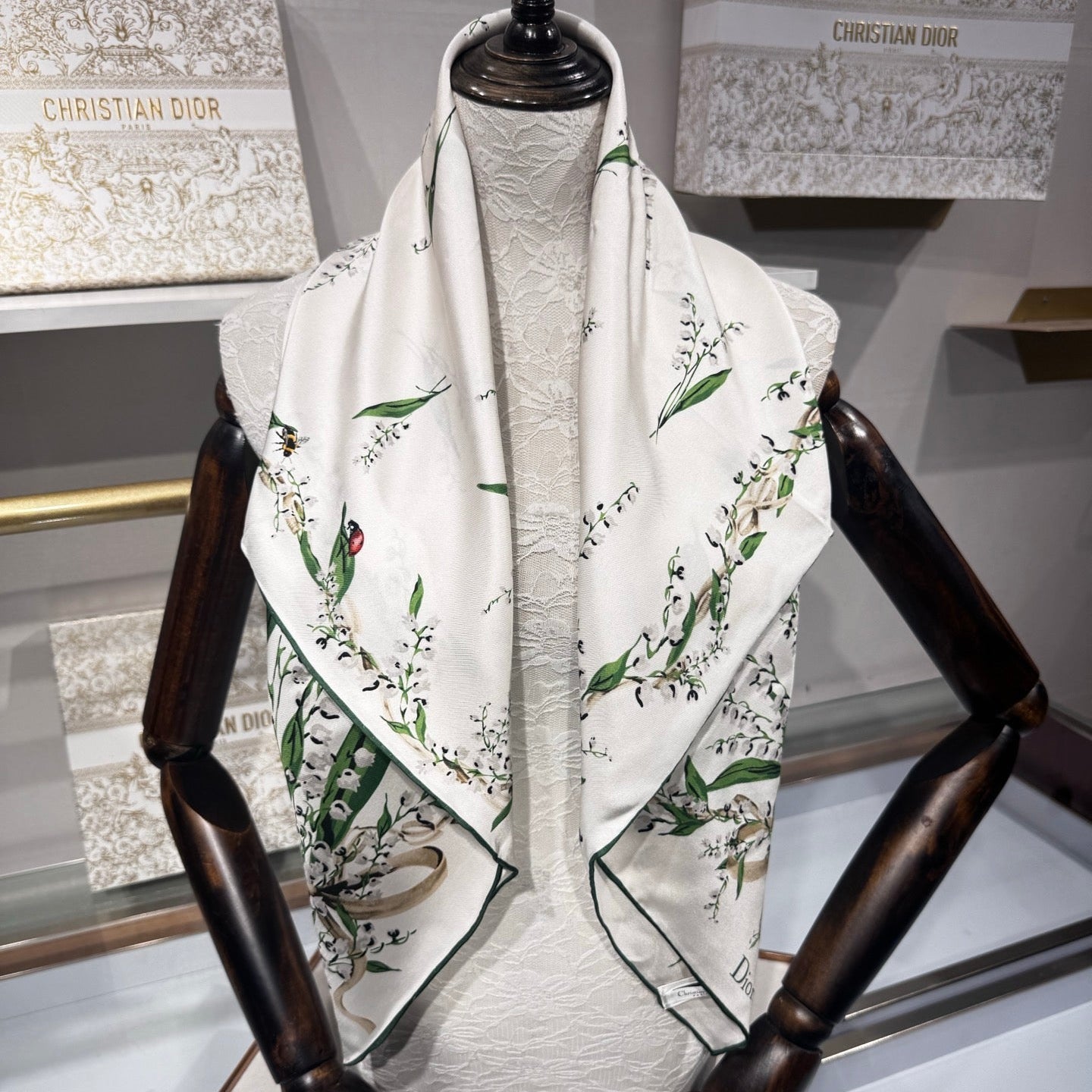 CD Lily Of The Valley Scarf 90x90cm White Silk Twill 209856