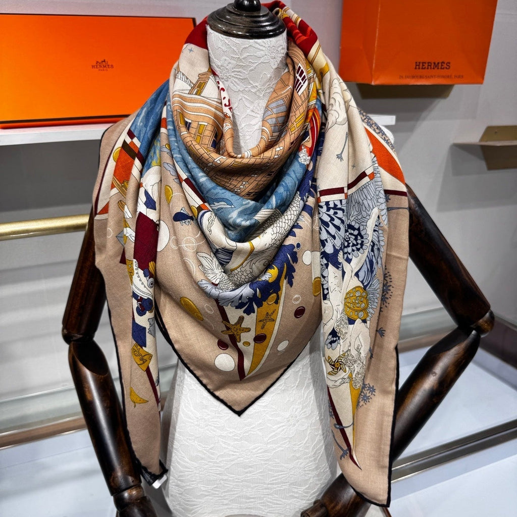 HM Flagship Shawl 140x140cm Khaki Colorful Cashmere Silk 212379