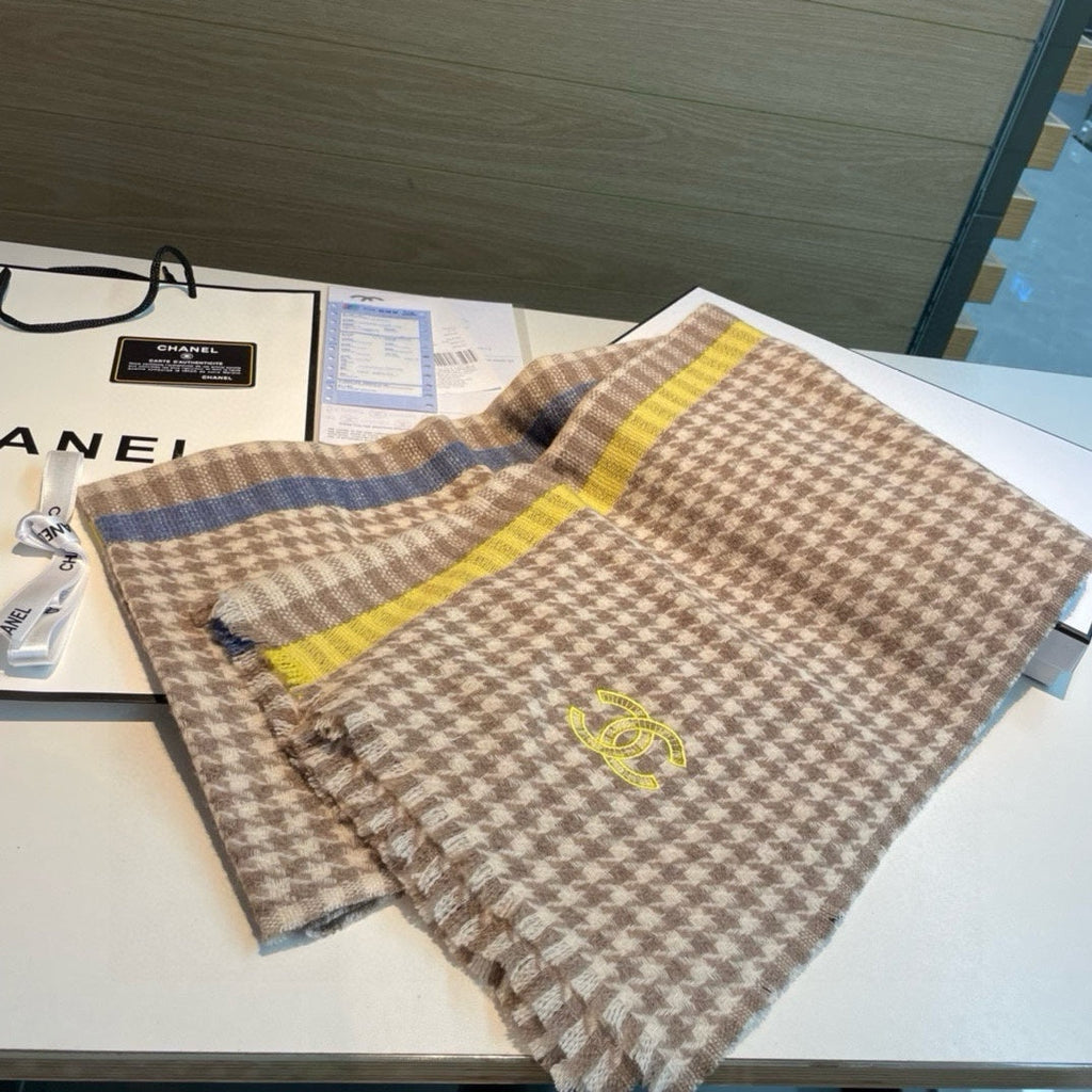 SCARF 190 CM IN PEANUT BROWN CHECKERED PATTERN CASHMERE 387911