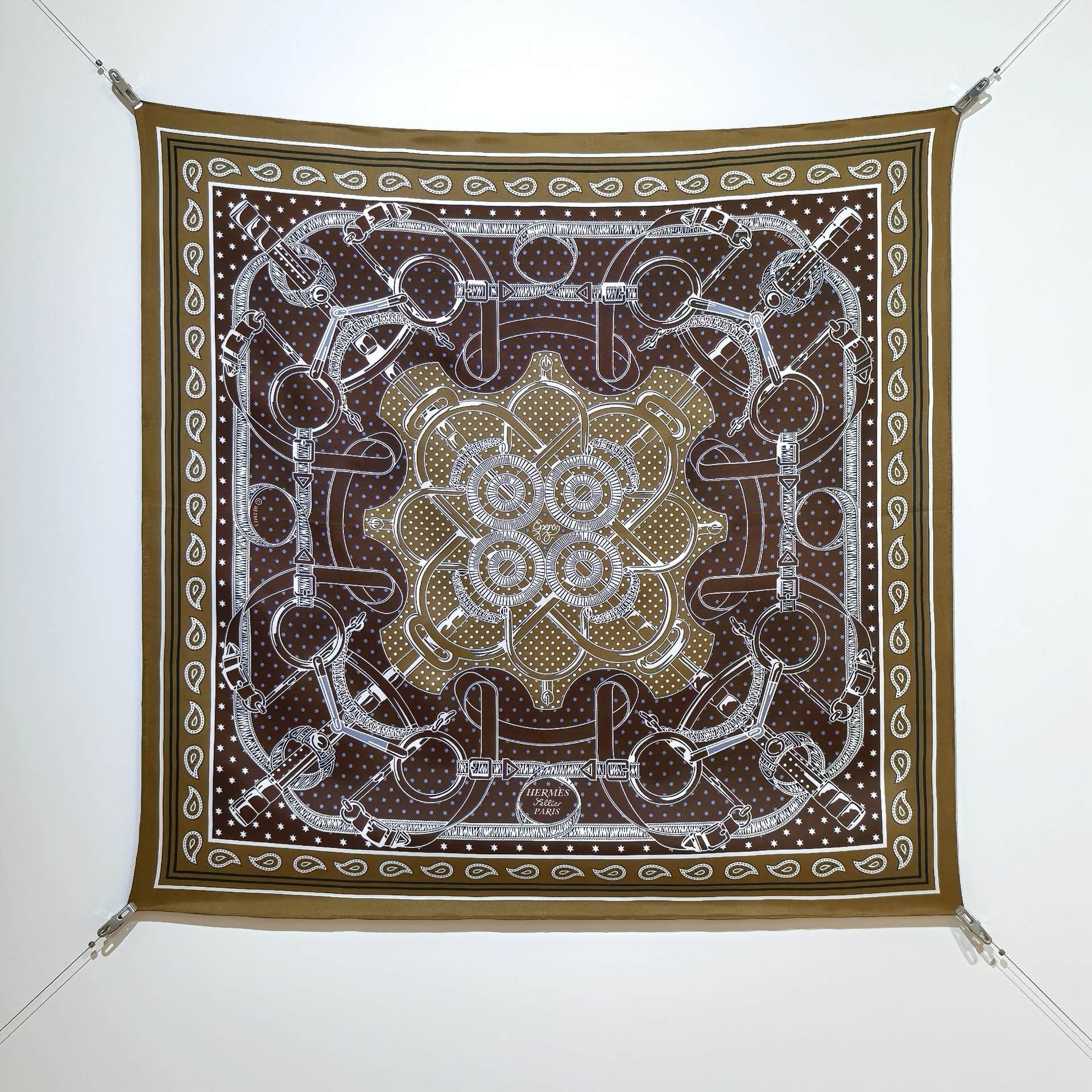 HM Eperon d'Or bandana Scarf 90x90 Brown Colorful Twill Silk 202549