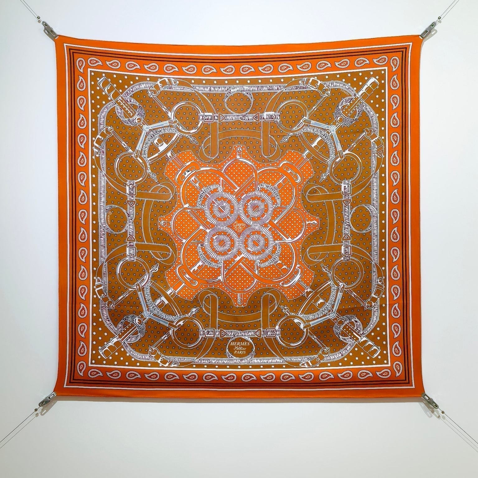 HM Eperon d'Or bandana Scarf 90x90 Orange Colorful Twill Silk 202550