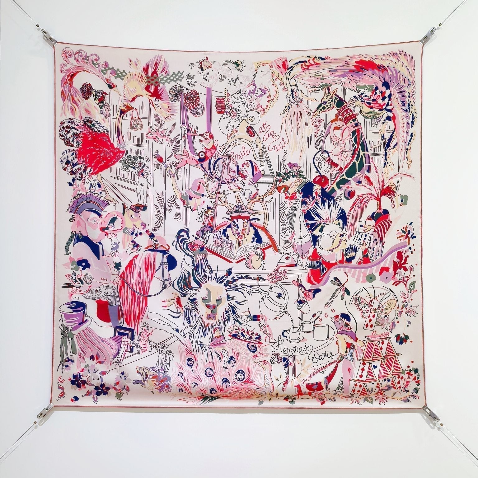 HM Emile et une Nuit Scarf 90x90 Pink Colorful Twill Silk 202553