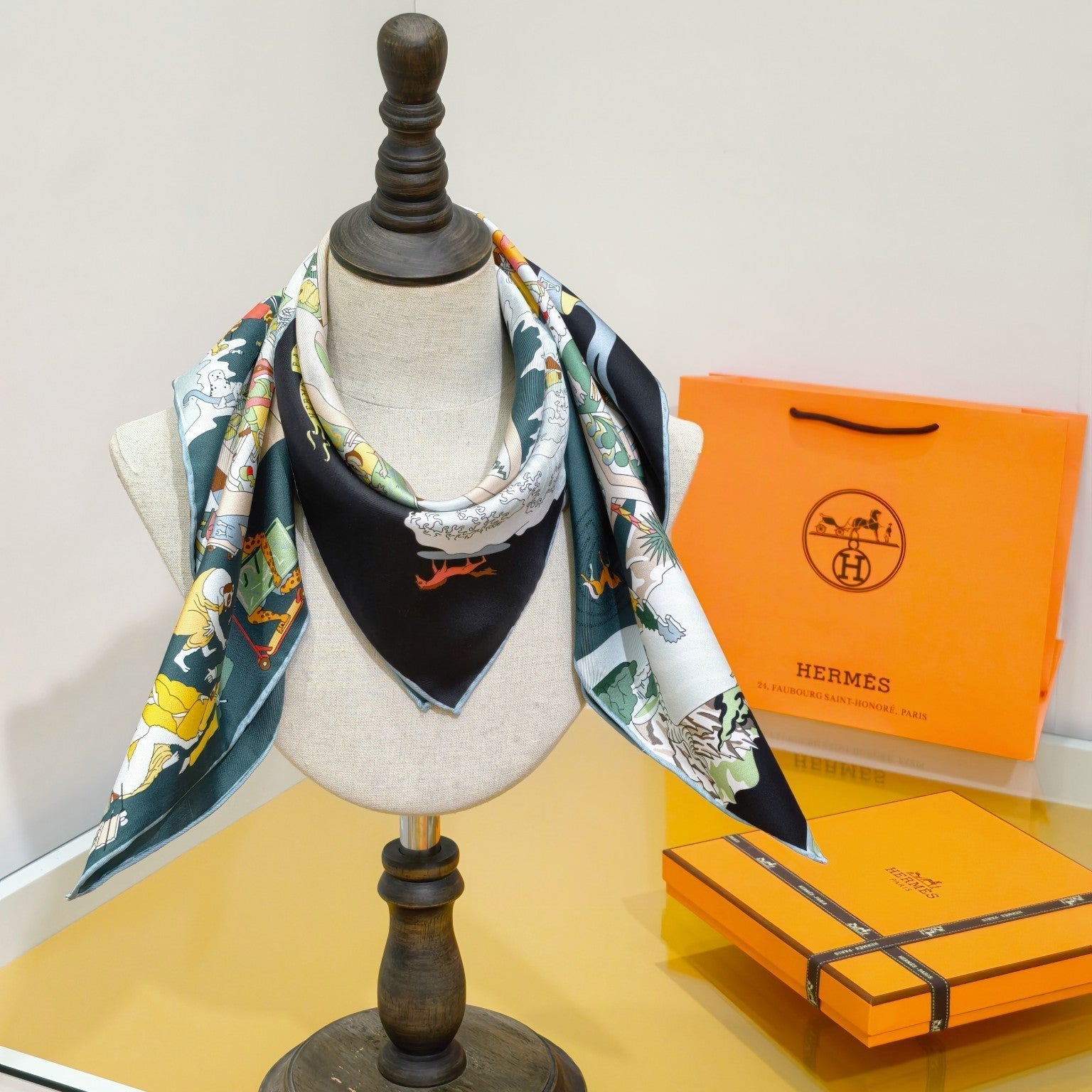 HM Academia Hippica Scarf 90x90cm Teal Green Colorful Twill Silk 304590