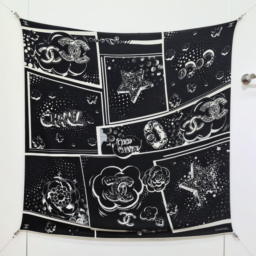 CC 25 Camellia Scarf 140CM Black White Cashmere 293082