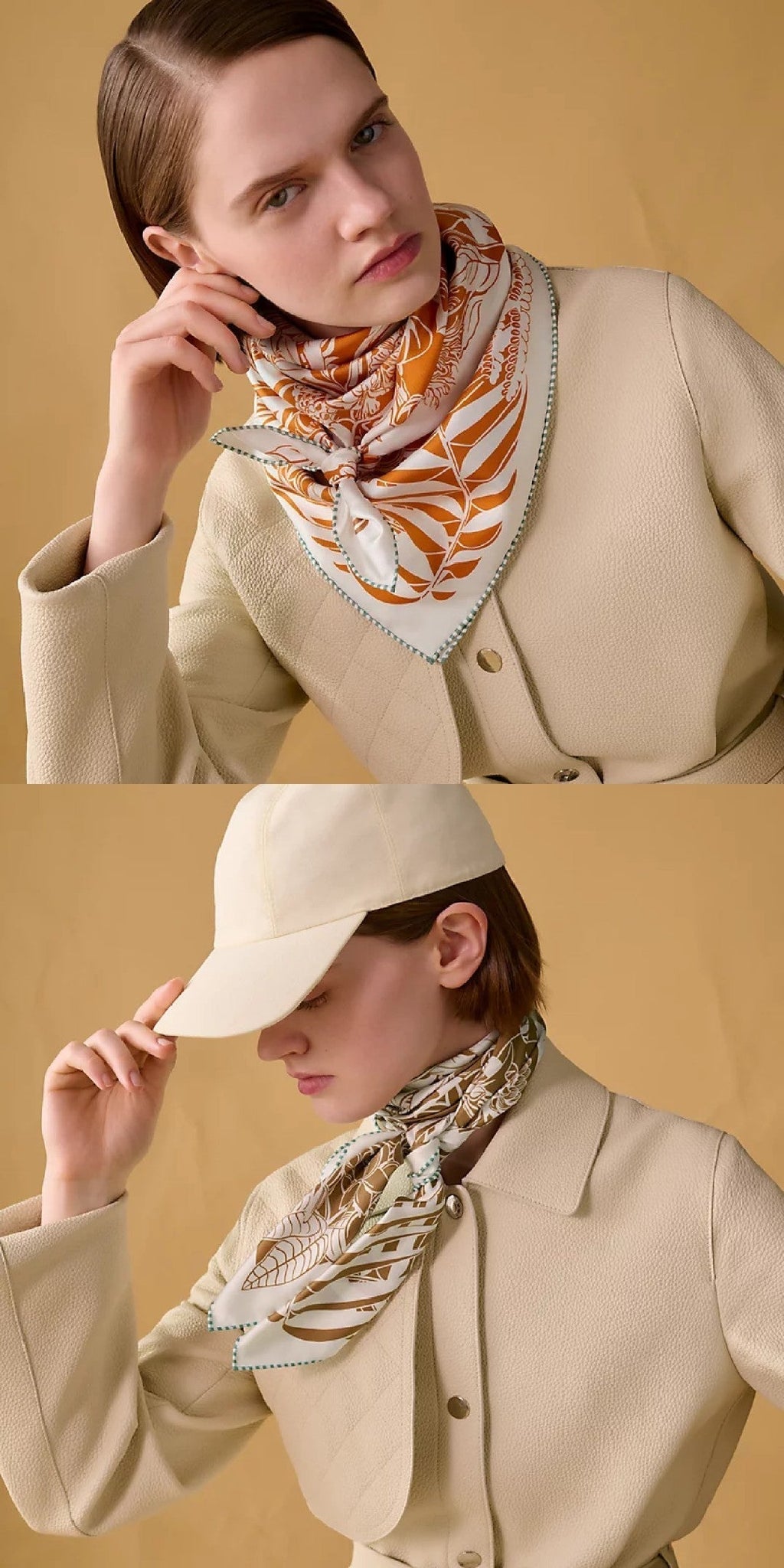 HM Flamingo Party Tattoo Double Face Scarf 90 Orange Brown Twill Silk 194437