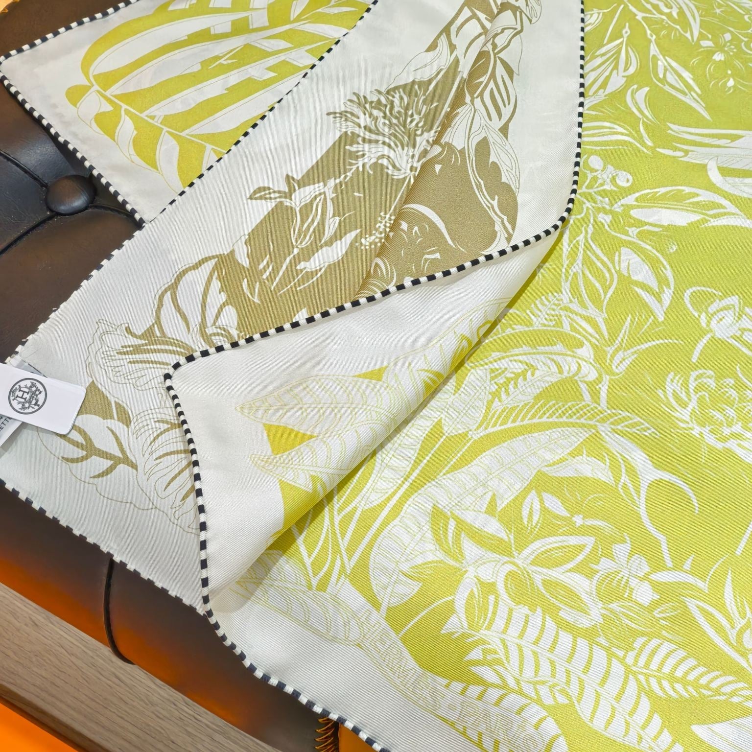 HM Flamingo Party Tattoo Double Face Scarf 90 Yellow Olive Green Twill Silk 194440