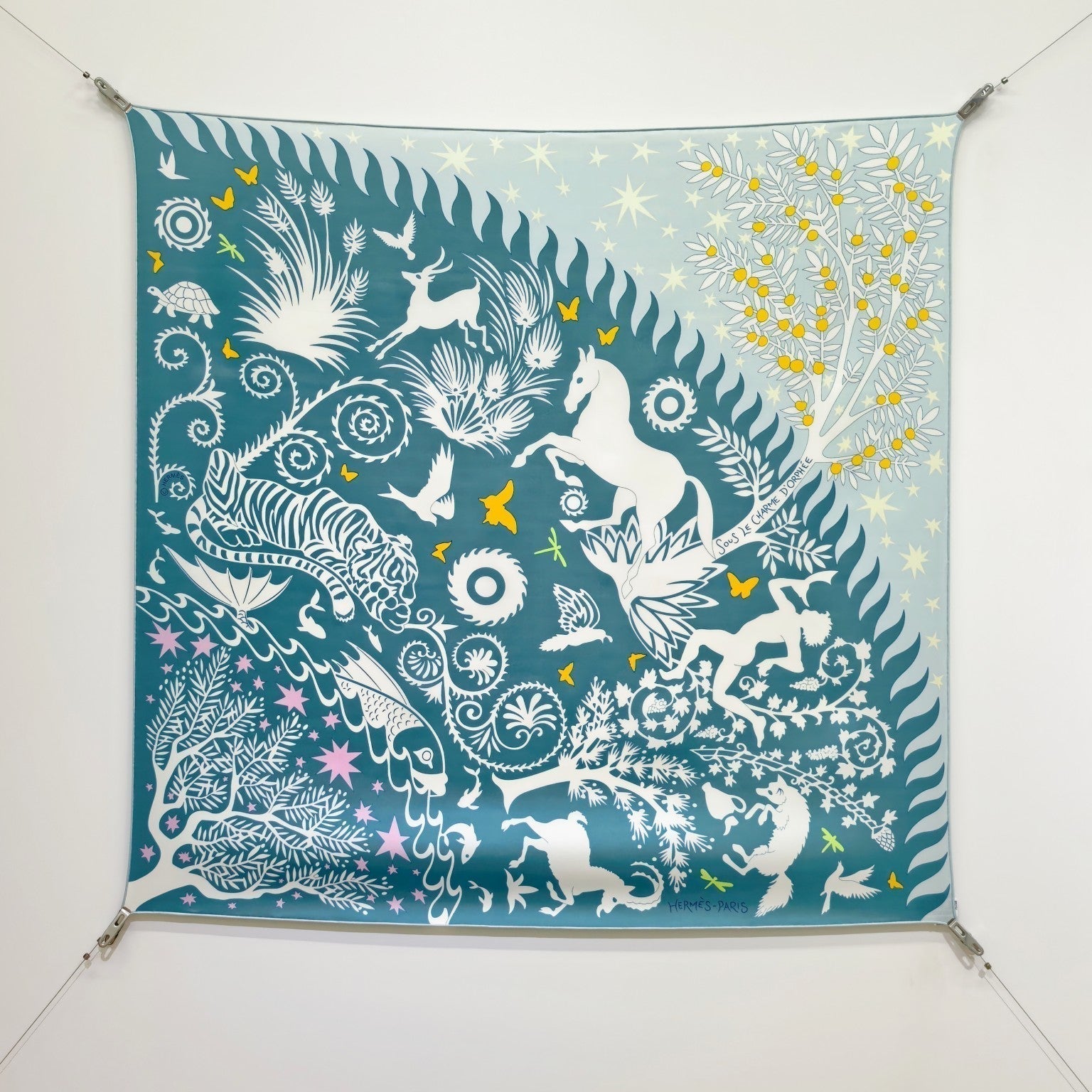 HM Sous le Charme d'Orphee Detail Scarf 90 Blue Colorful Twill Silk 194442