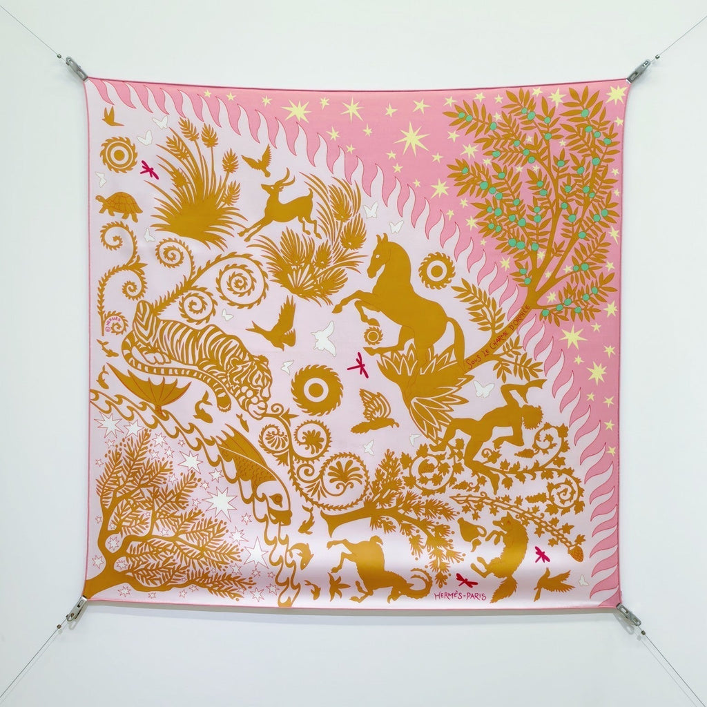HM Sous le Charme d'Orphee Detail Scarf 90 Pink Colorful Twill Silk 194443
