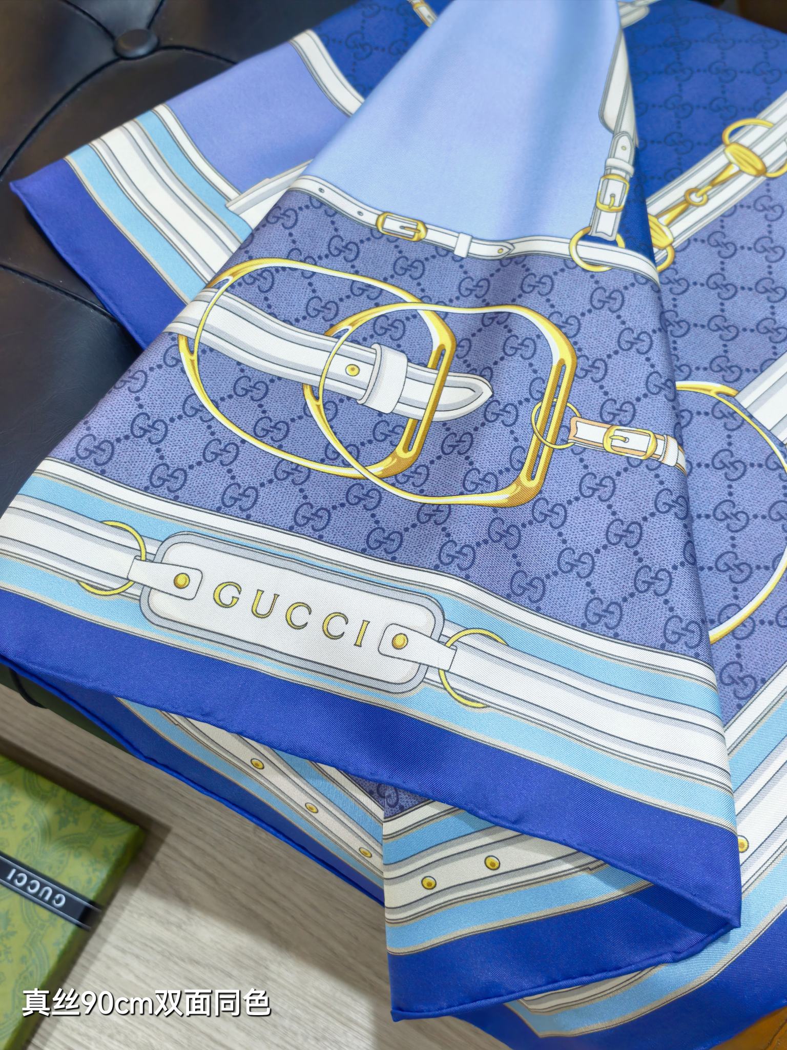 GG Double-Sided 90x90cm Blue Colorful Twill Silk 194456
