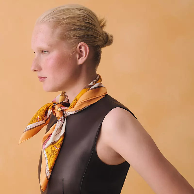 HM A l'Ombre des Boulevards Scarf 90x90cm Orange Yellow Twill Silk 303275