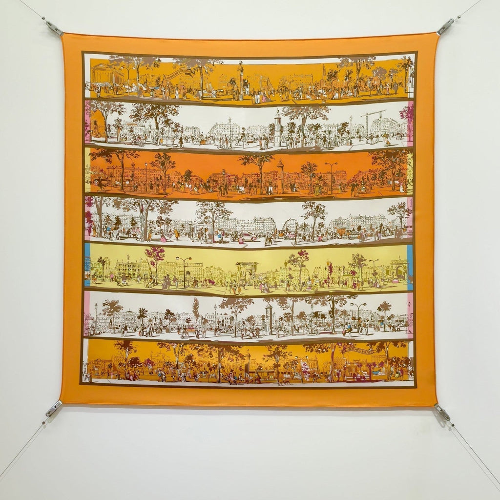 HM A l'Ombre des Boulevards Scarf 90x90cm Orange Yellow Twill Silk 303275