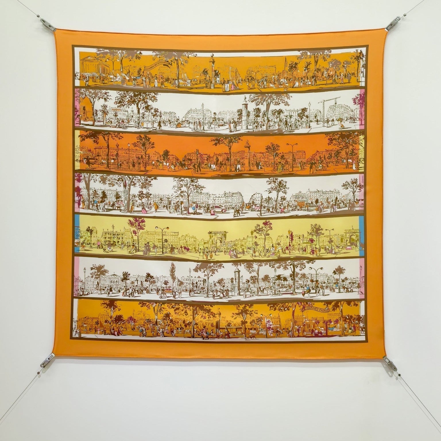 HM A l'Ombre des Boulevards Scarf 90x90cm Orange Yellow Twill Silk 303275