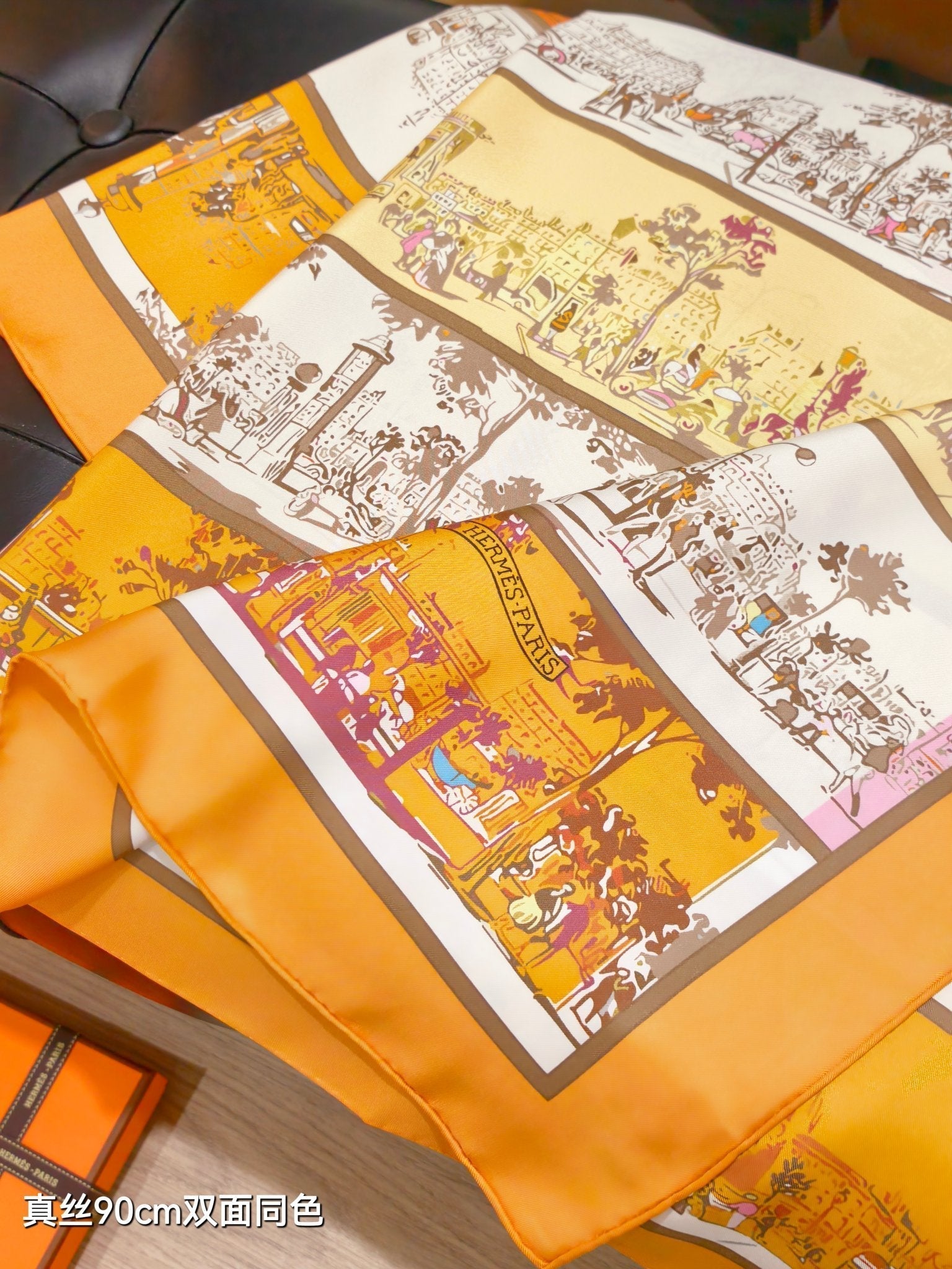 HM A l'Ombre des Boulevards Scarf 90x90cm Orange Yellow Twill Silk 303275