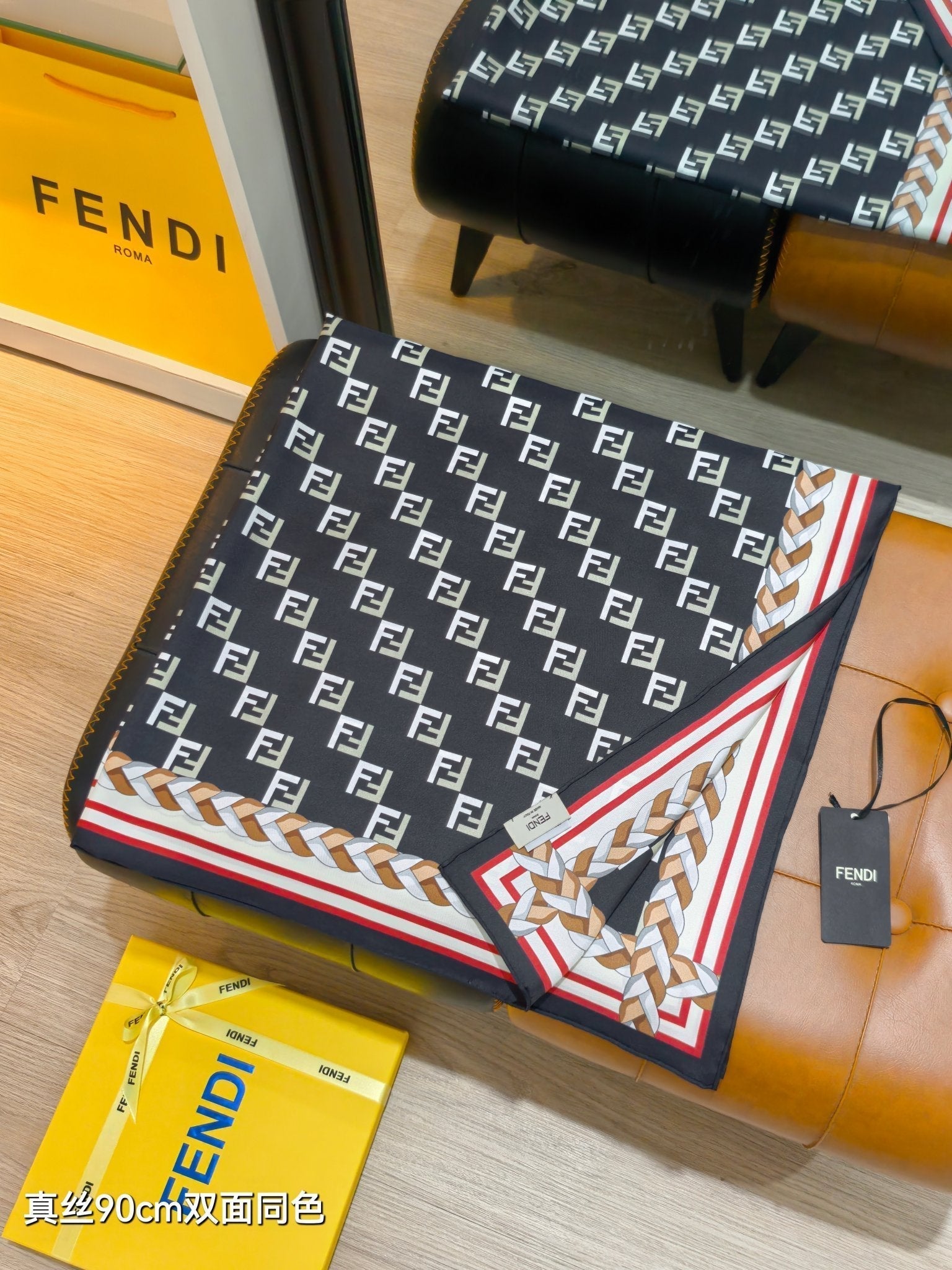 Fendi Scarf 90x90 Black Colorful Twill Silk 198477
