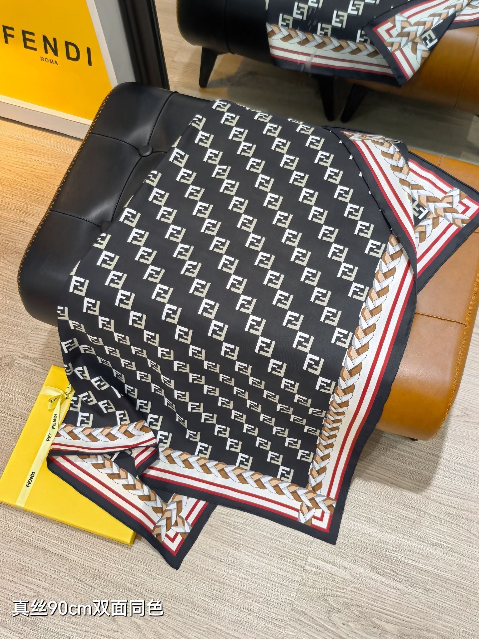 Fendi Scarf 90x90 Black Colorful Twill Silk 198477
