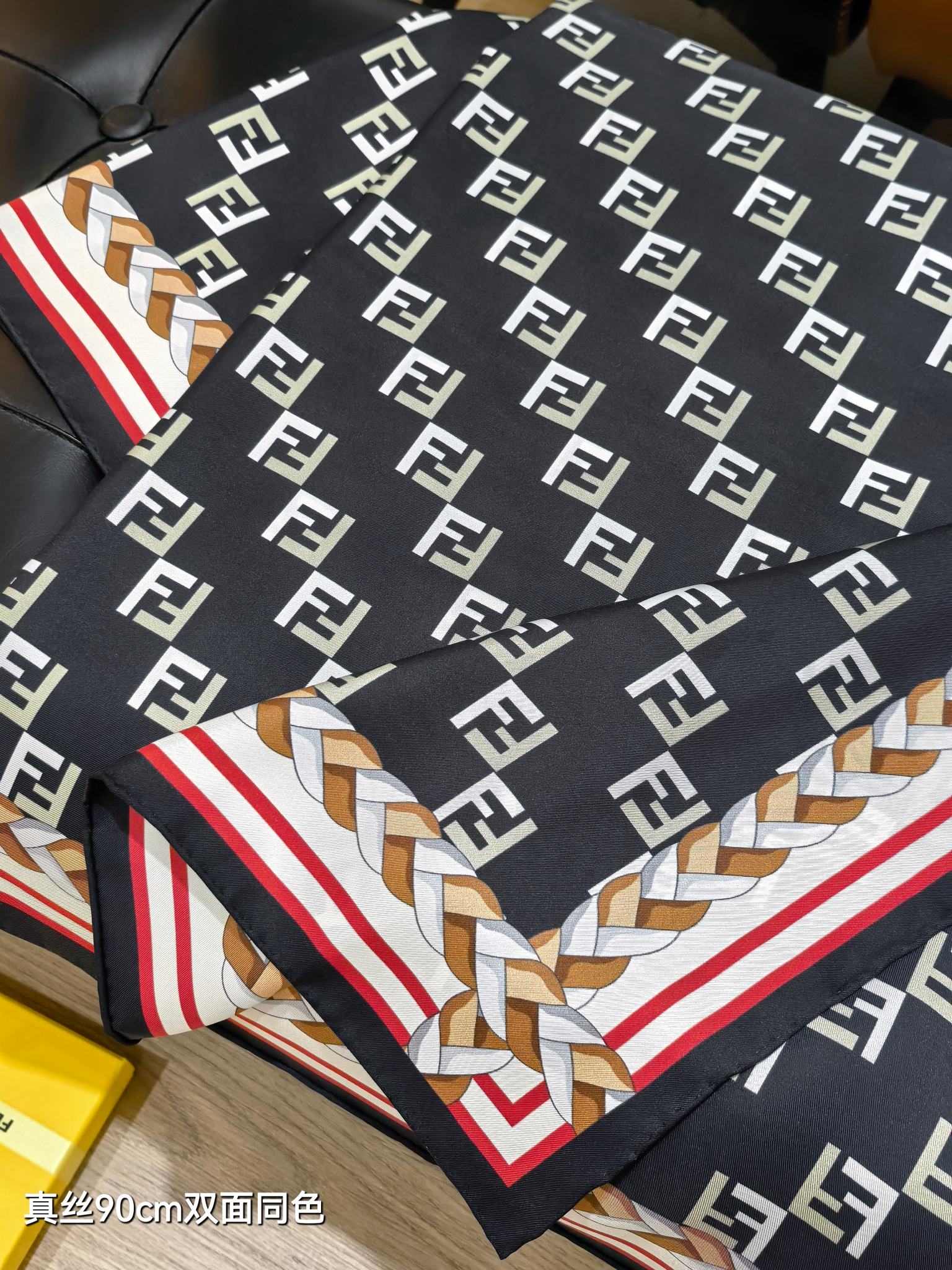 Fendi Scarf 90x90 Black Colorful Twill Silk 198477