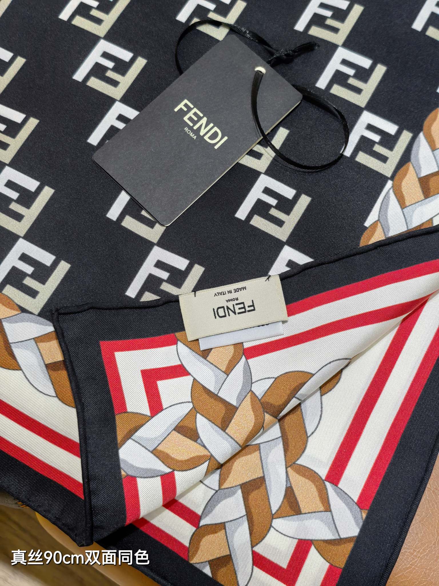 Fendi Scarf 90x90 Black Colorful Twill Silk 198477