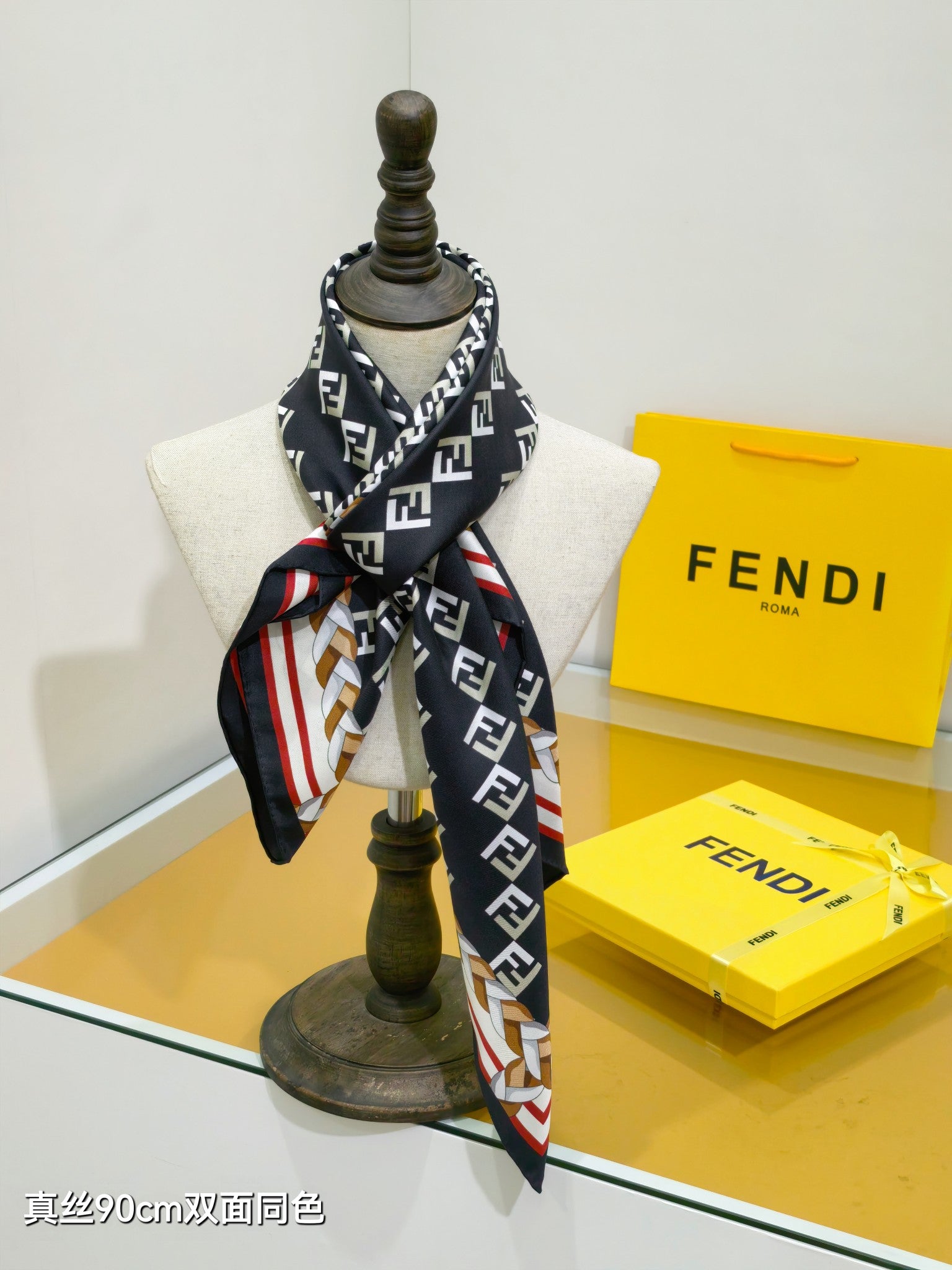 Fendi Scarf 90x90 Black Colorful Twill Silk 198477