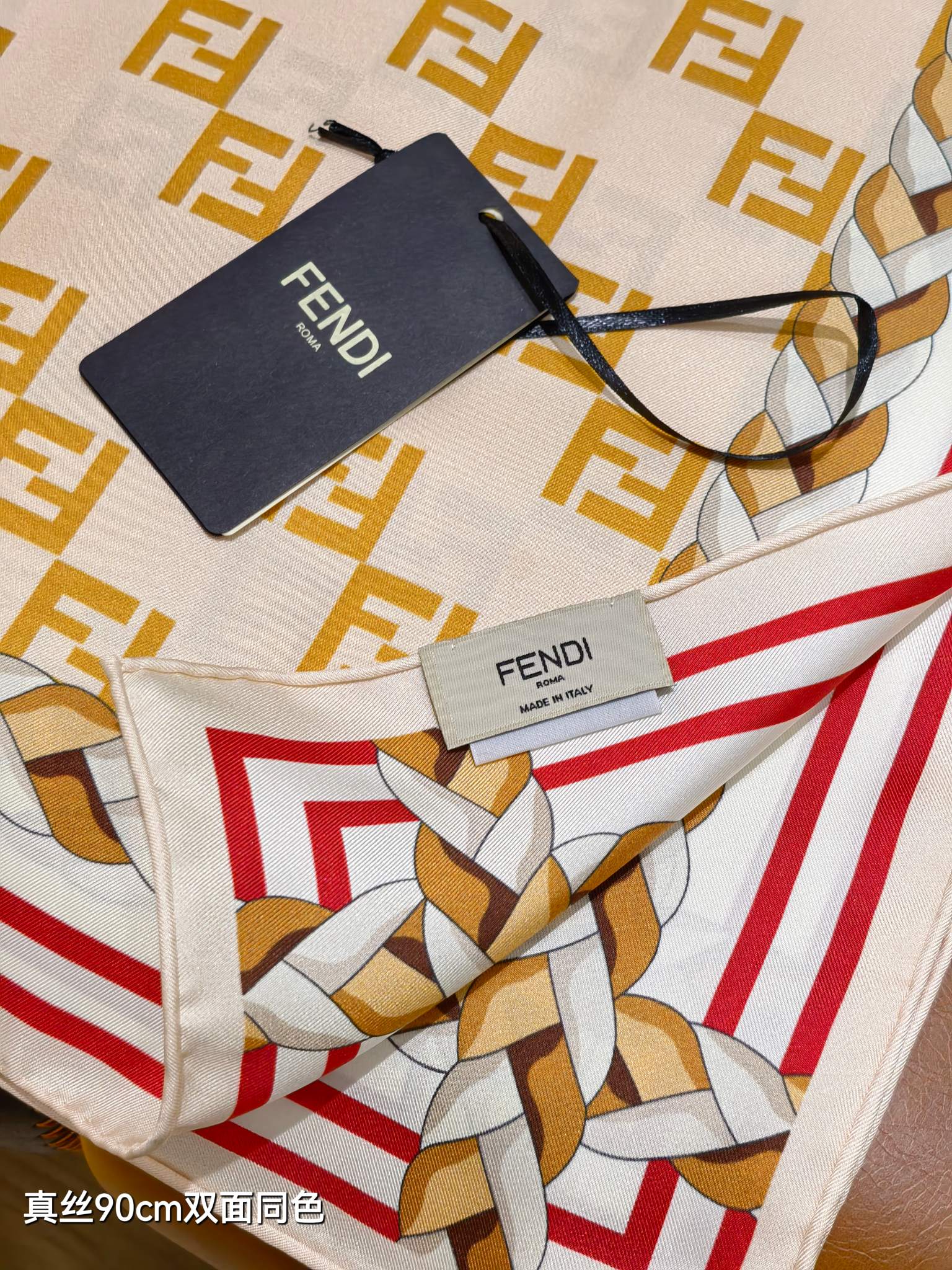 Fendi Scarf 90x90 Beige Colorful Twill Silk 198478