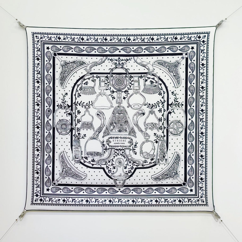 HM La Etriers Remix Bandana Scarf 90x90cm Black White Twill Silk 303276