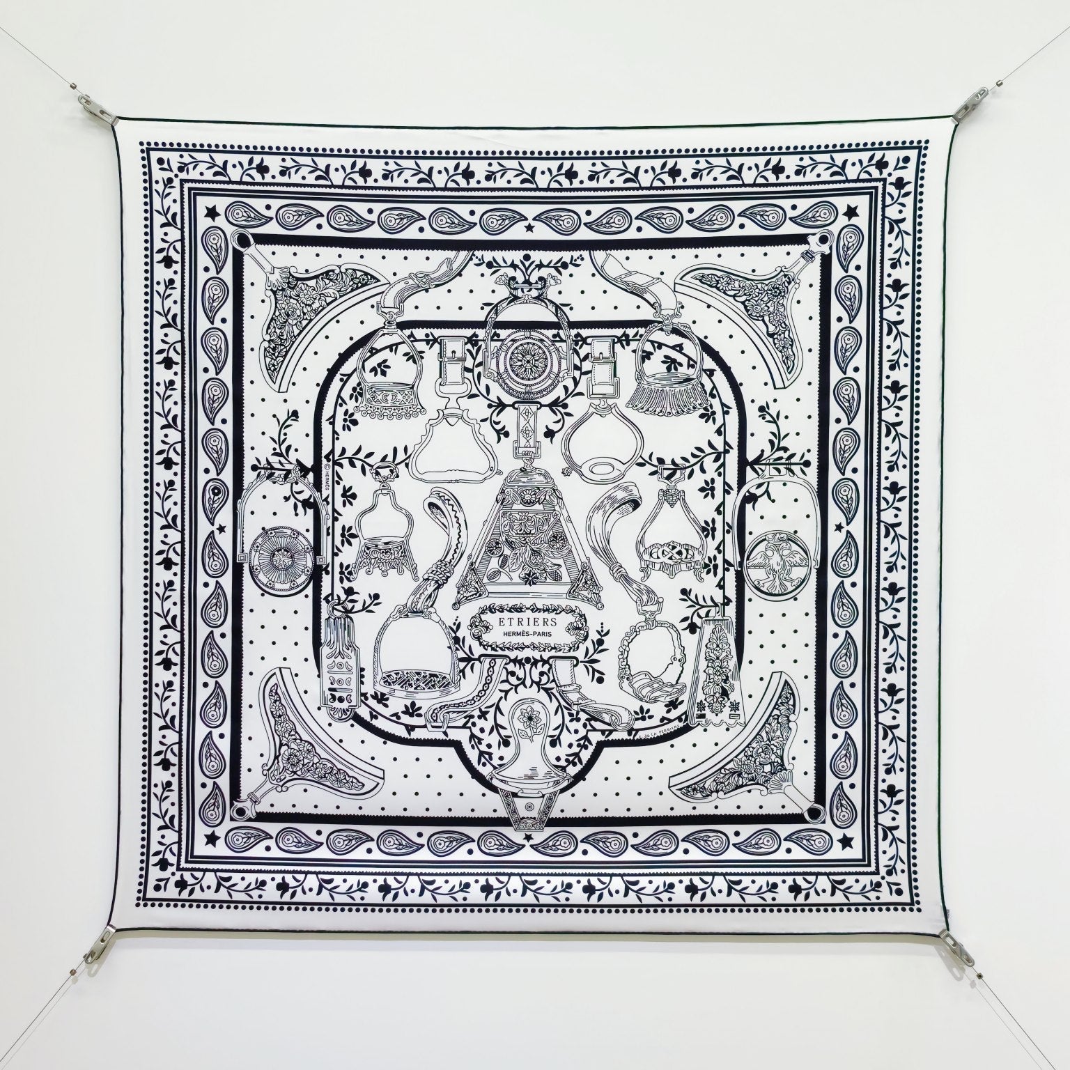 HM La Etriers Remix Bandana Scarf 90x90cm Black White Twill Silk 303276