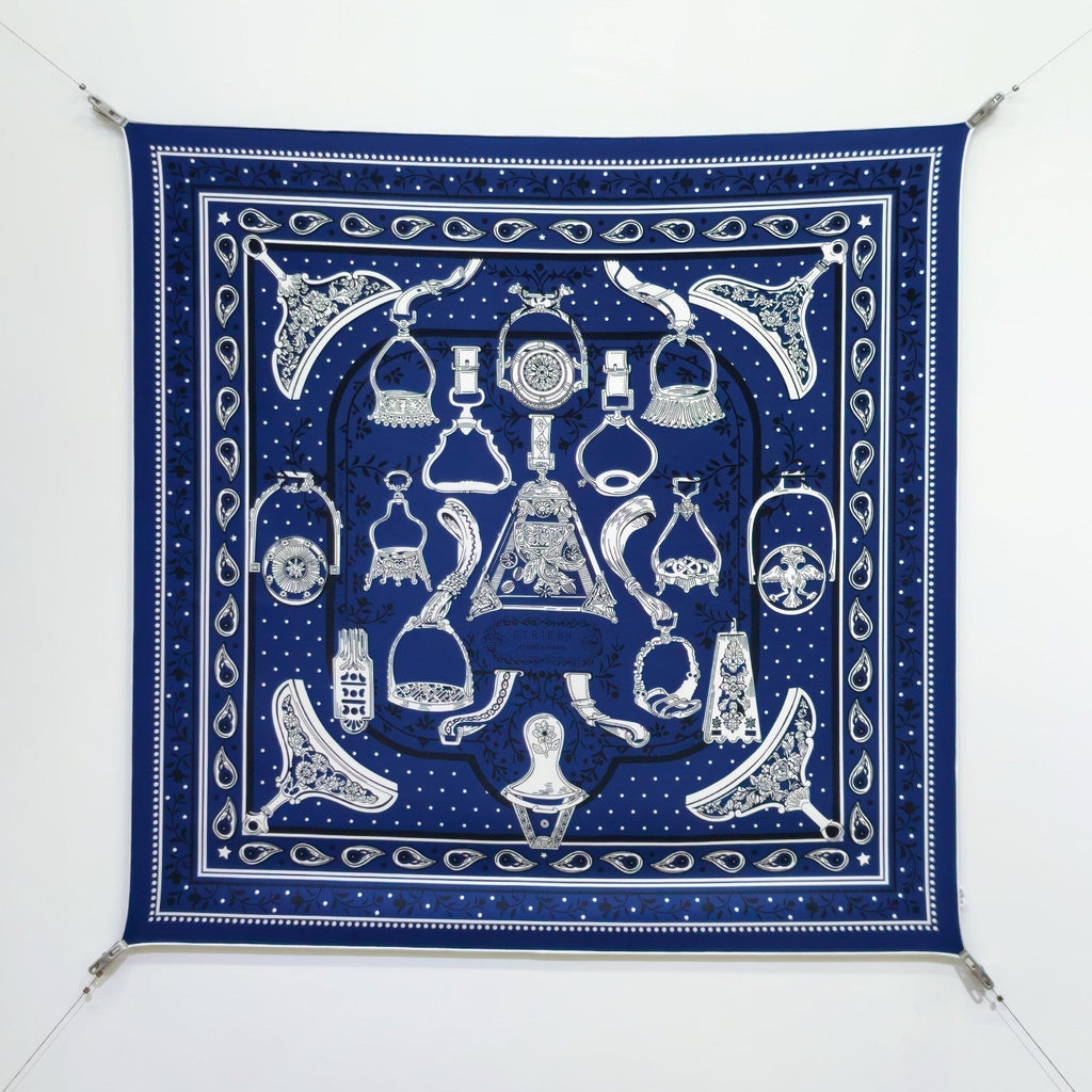 HM La Etriers Remix Bandana Scarf 90x90cm Navy Blue Twill Silk 303277