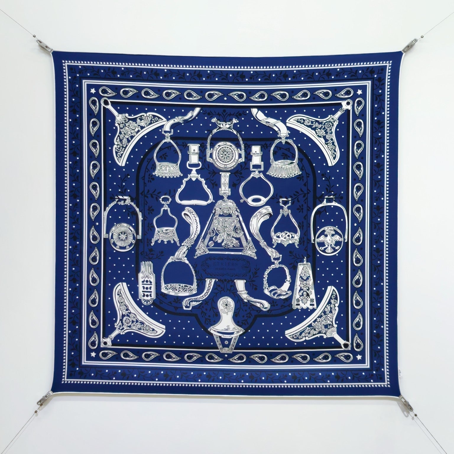 HM La Etriers Remix Bandana Scarf 90x90cm Navy Blue Twill Silk 303277