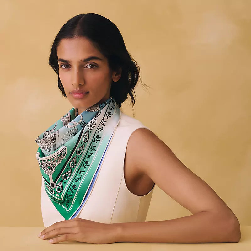 HM La Etriers Remix Bandana Scarf 90x90cm Blue Twill Silk 303278