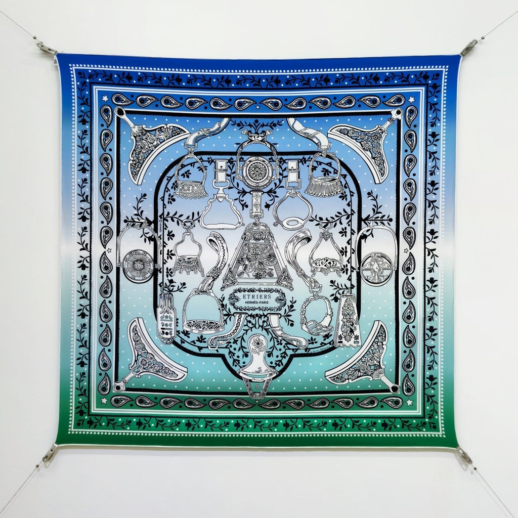 HM La Etriers Remix Bandana Scarf 90x90cm Blue Twill Silk 303278