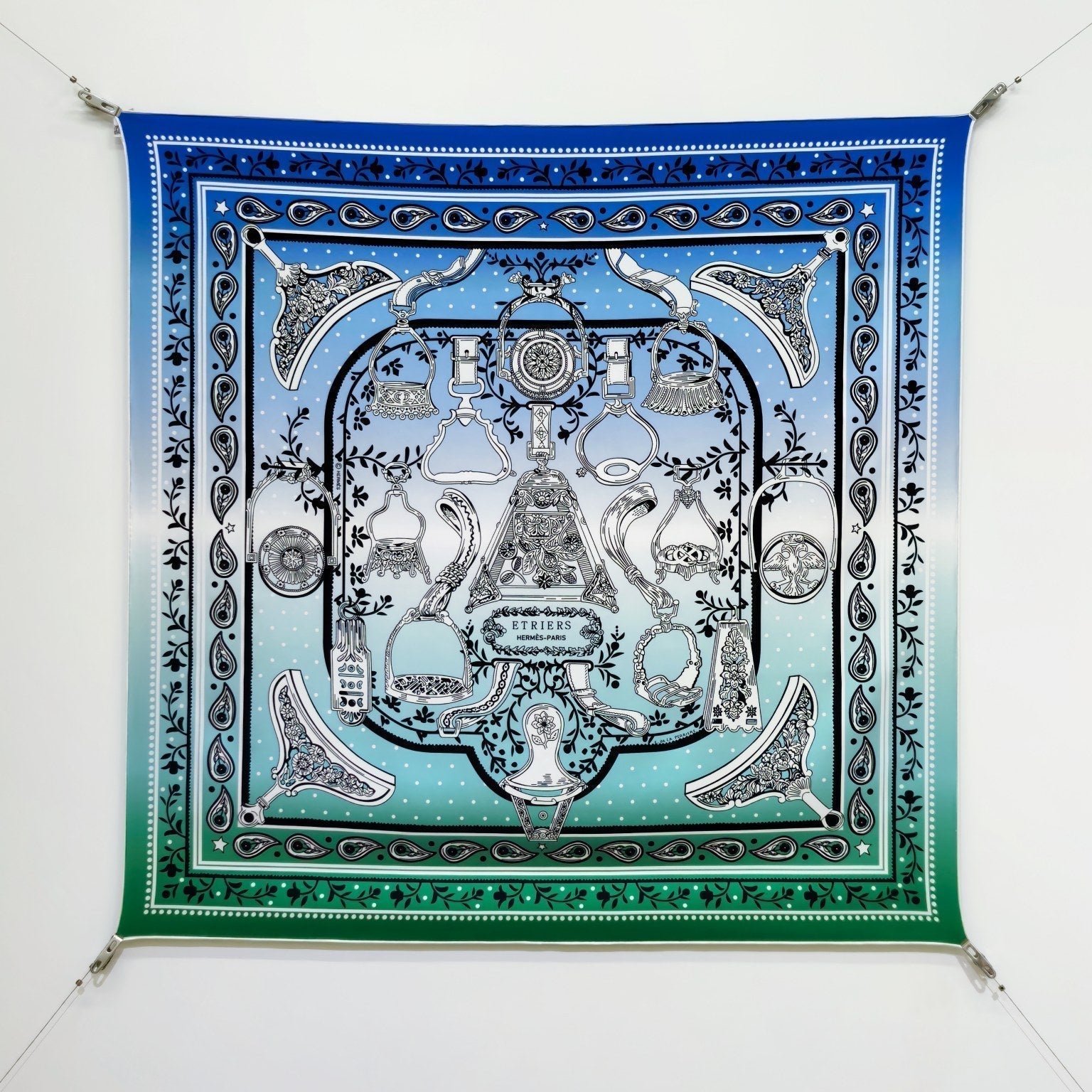 HM La Etriers Remix Bandana Scarf 90x90cm Blue Twill Silk 303278