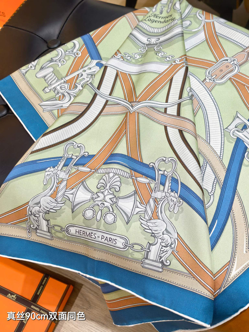 HM Harnais Legendaire Scarf 90x90 Green Colorful Twill Silk