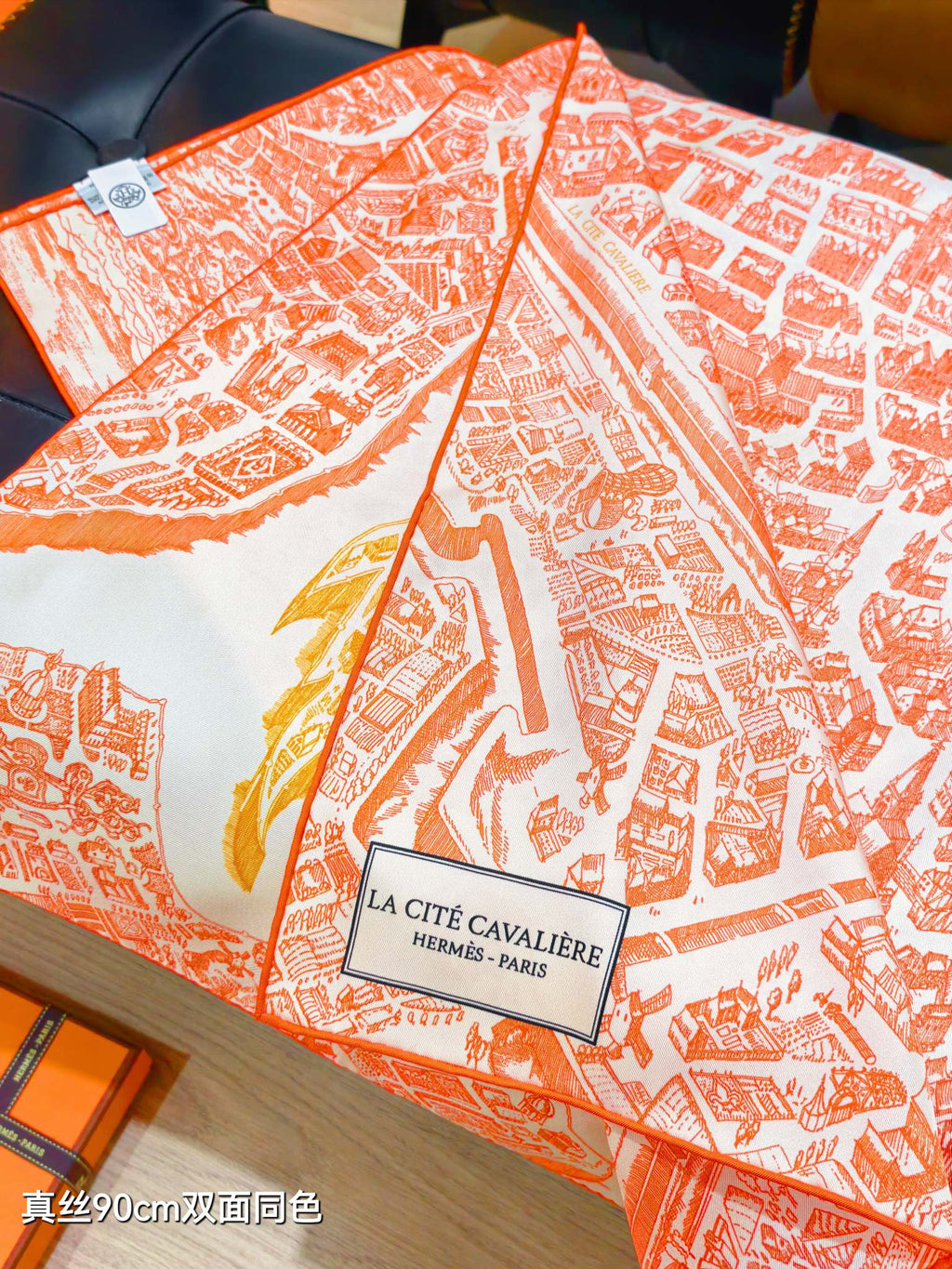 HM La Nouvelle Cite Cavaliere Scarf 90x90cm Orange Twill Silk 303281