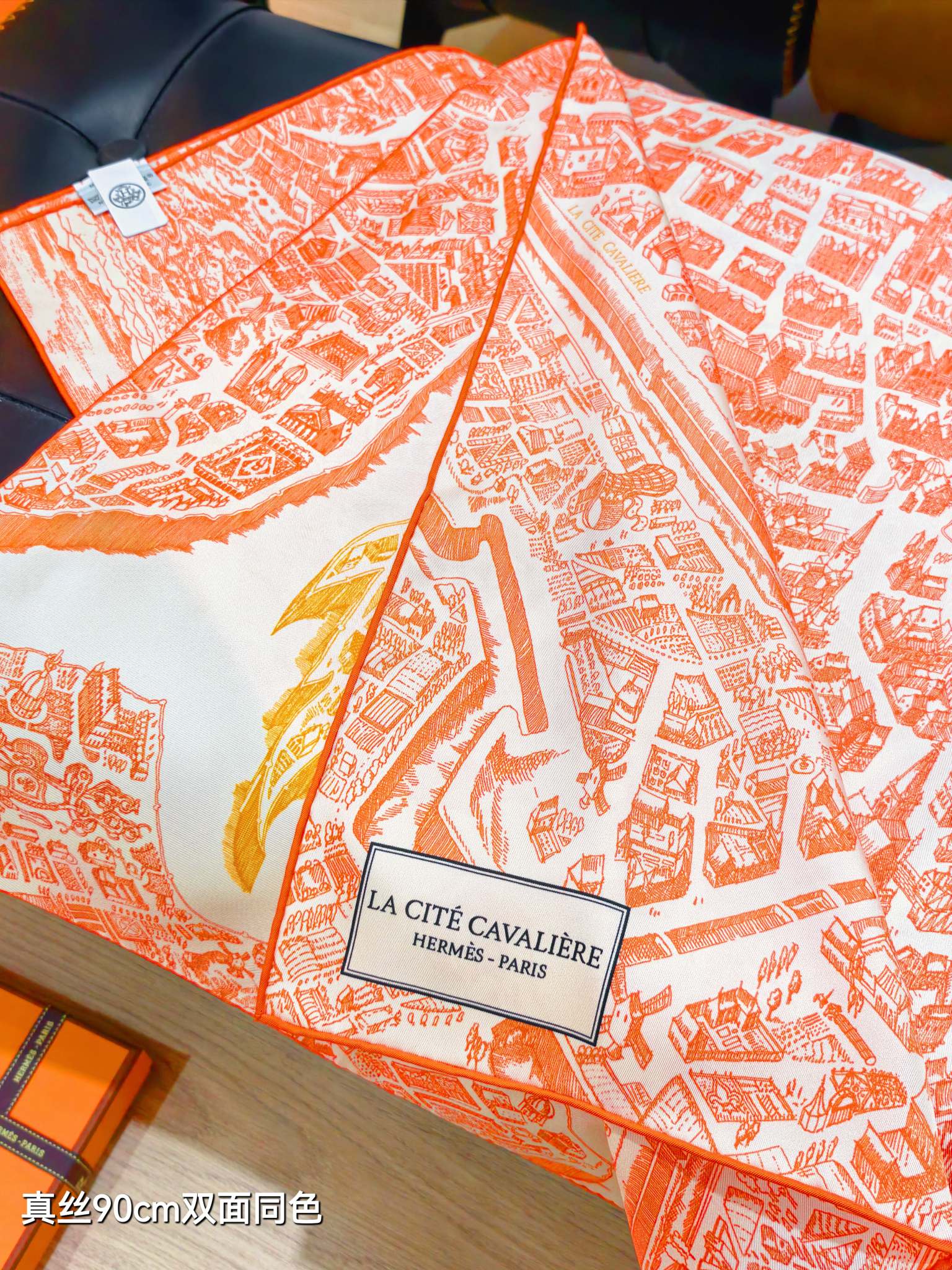 HM La Nouvelle Cite Cavaliere Scarf 90x90cm Orange Twill Silk 303281