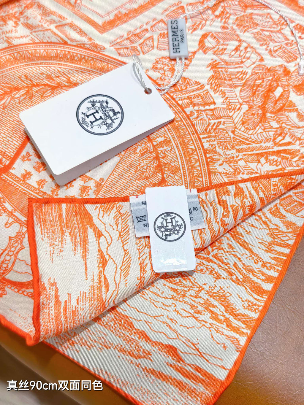 HM La Nouvelle Cite Cavaliere Scarf 90x90cm Orange Twill Silk 303281