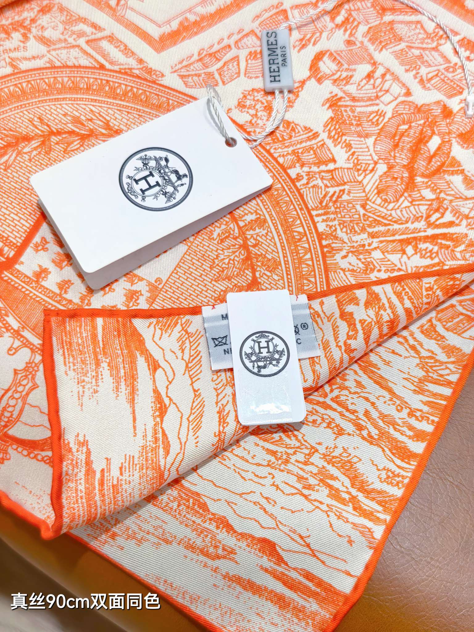 HM La Nouvelle Cite Cavaliere Scarf 90x90cm Orange Twill Silk 303281