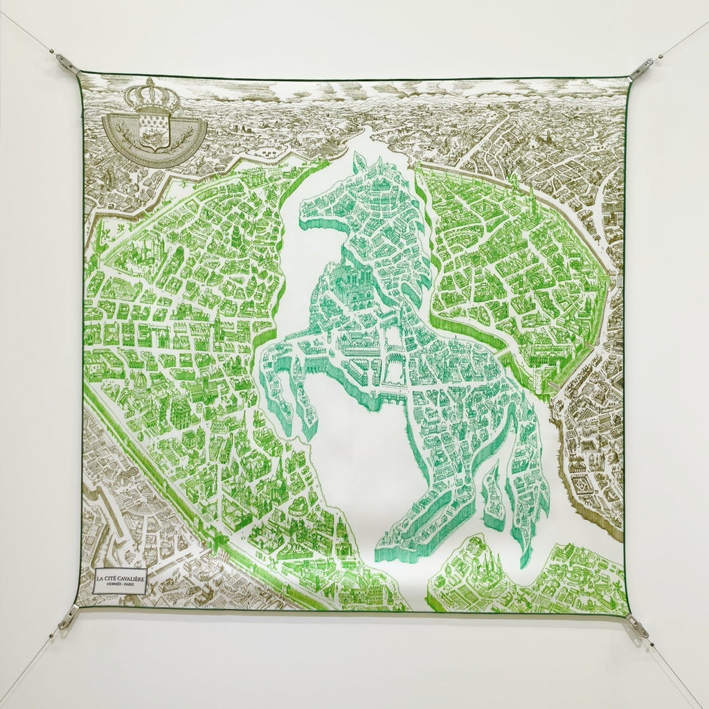 HM La Nouvelle Cite Cavaliere Scarf 90x90cm Green Twill Silk 303282