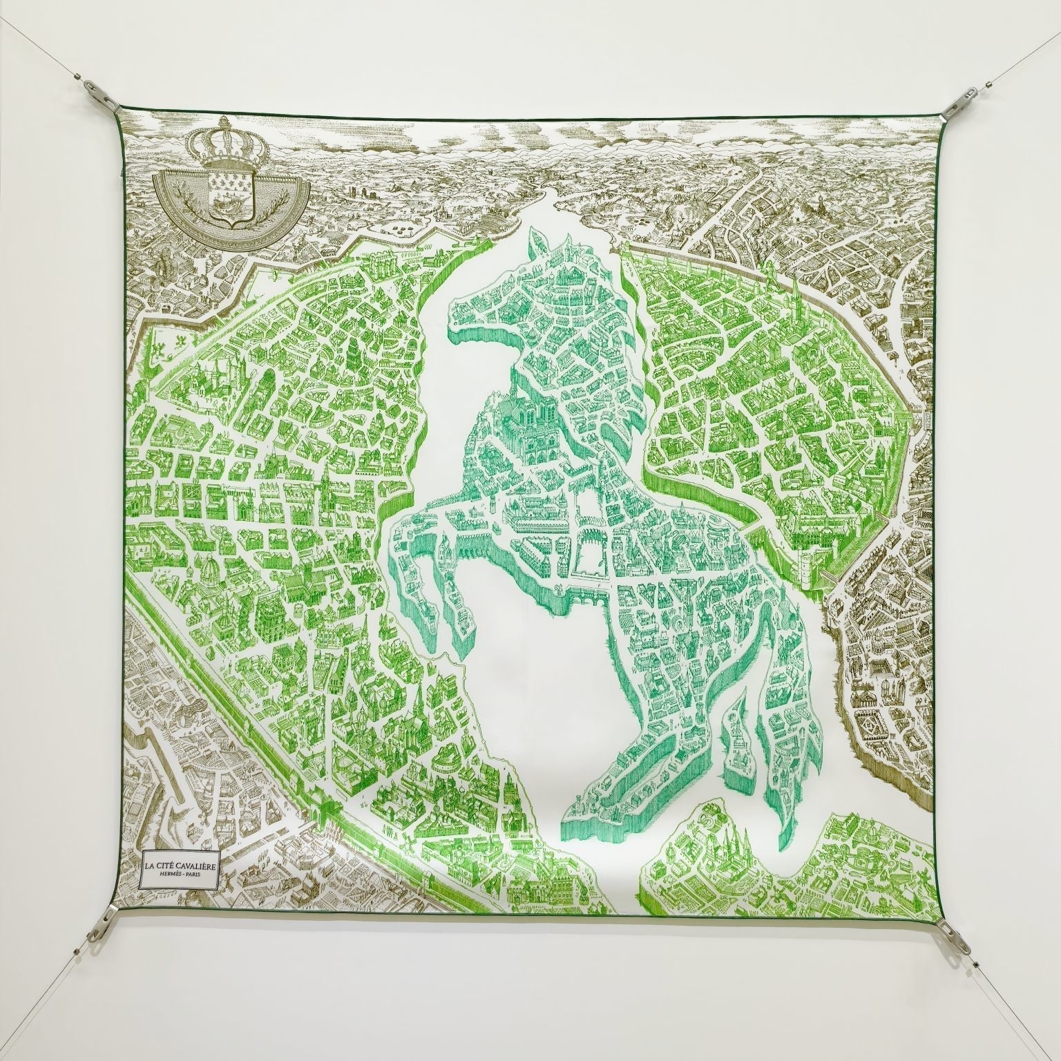 HM La Nouvelle Cite Cavaliere Scarf 90x90cm Green Twill Silk 303282