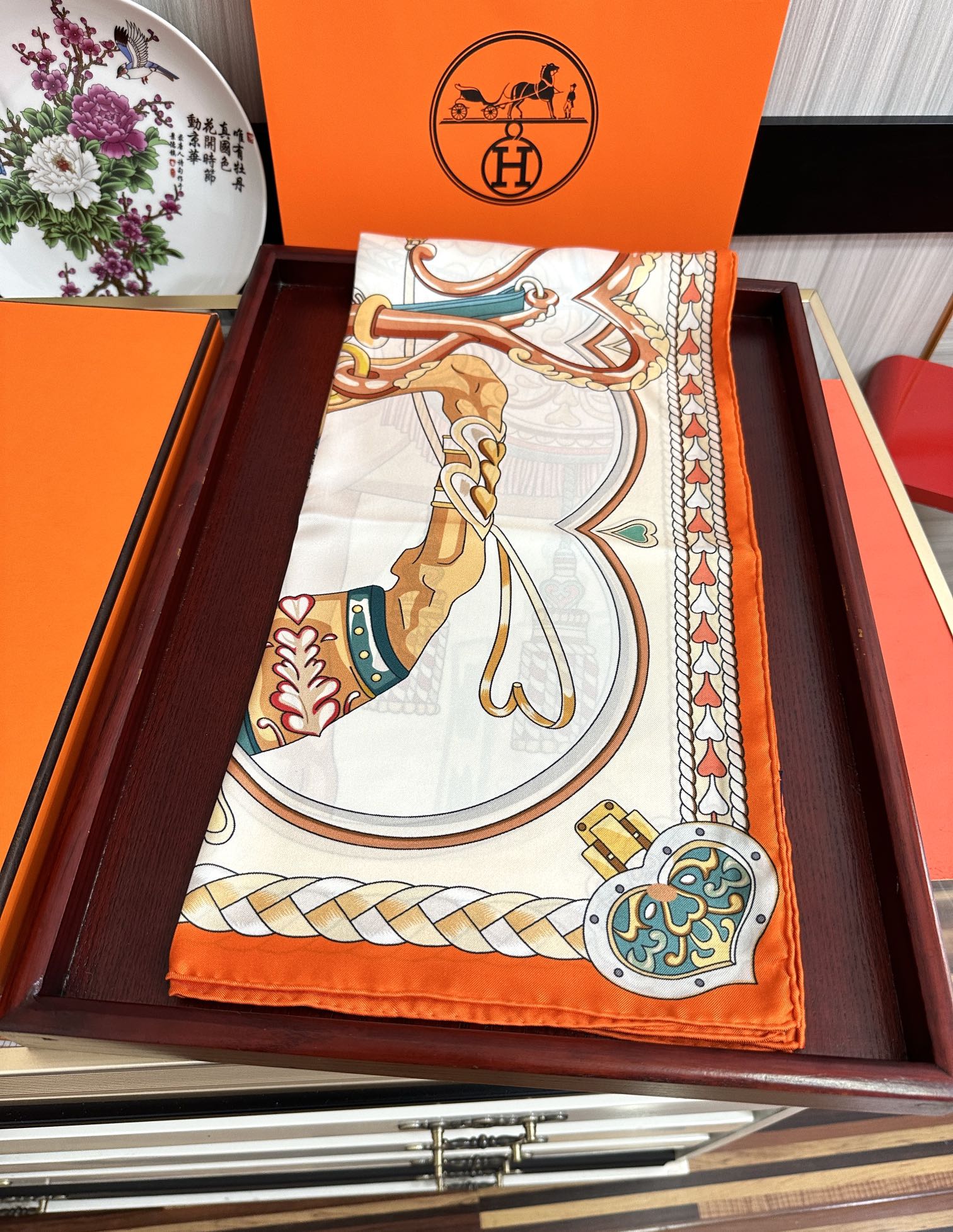 Carré Harnais De Cœur Scarf 90 CM In Orange Colorful Silk 306470