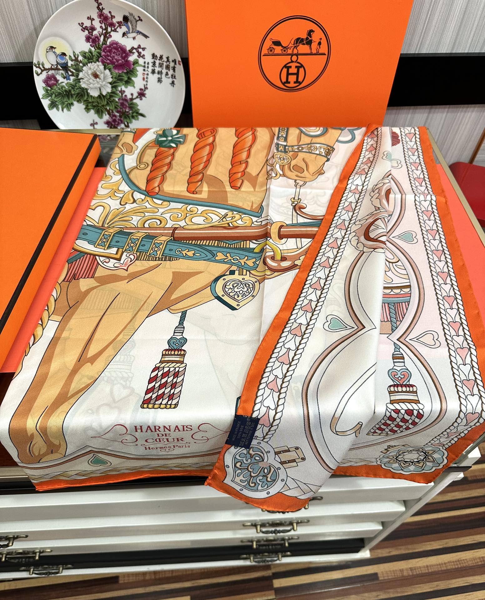 Carré Harnais De Cœur Scarf 90 CM In Orange Colorful Silk 306470