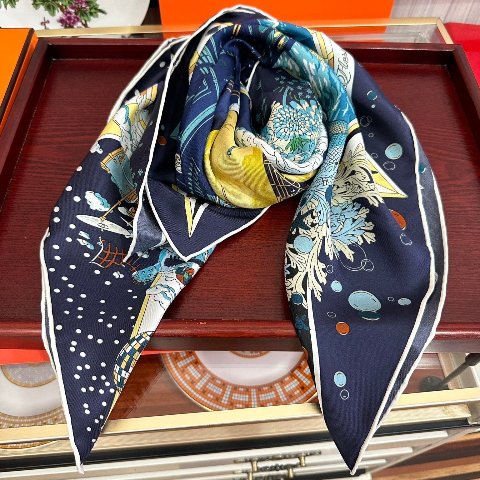 Square Scarf 90 CM Charcoal Blue Colorful Silk