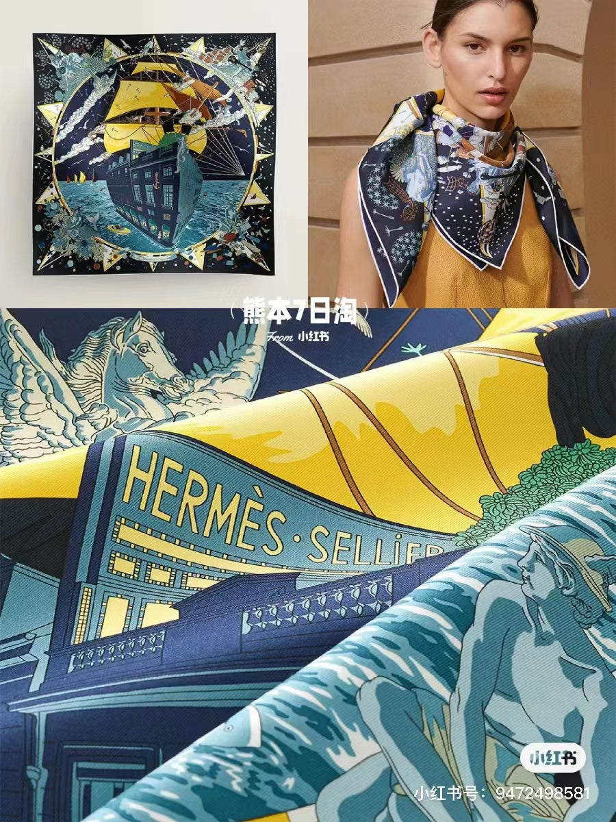 Square Scarf 90 CM Charcoal Blue Colorful Silk