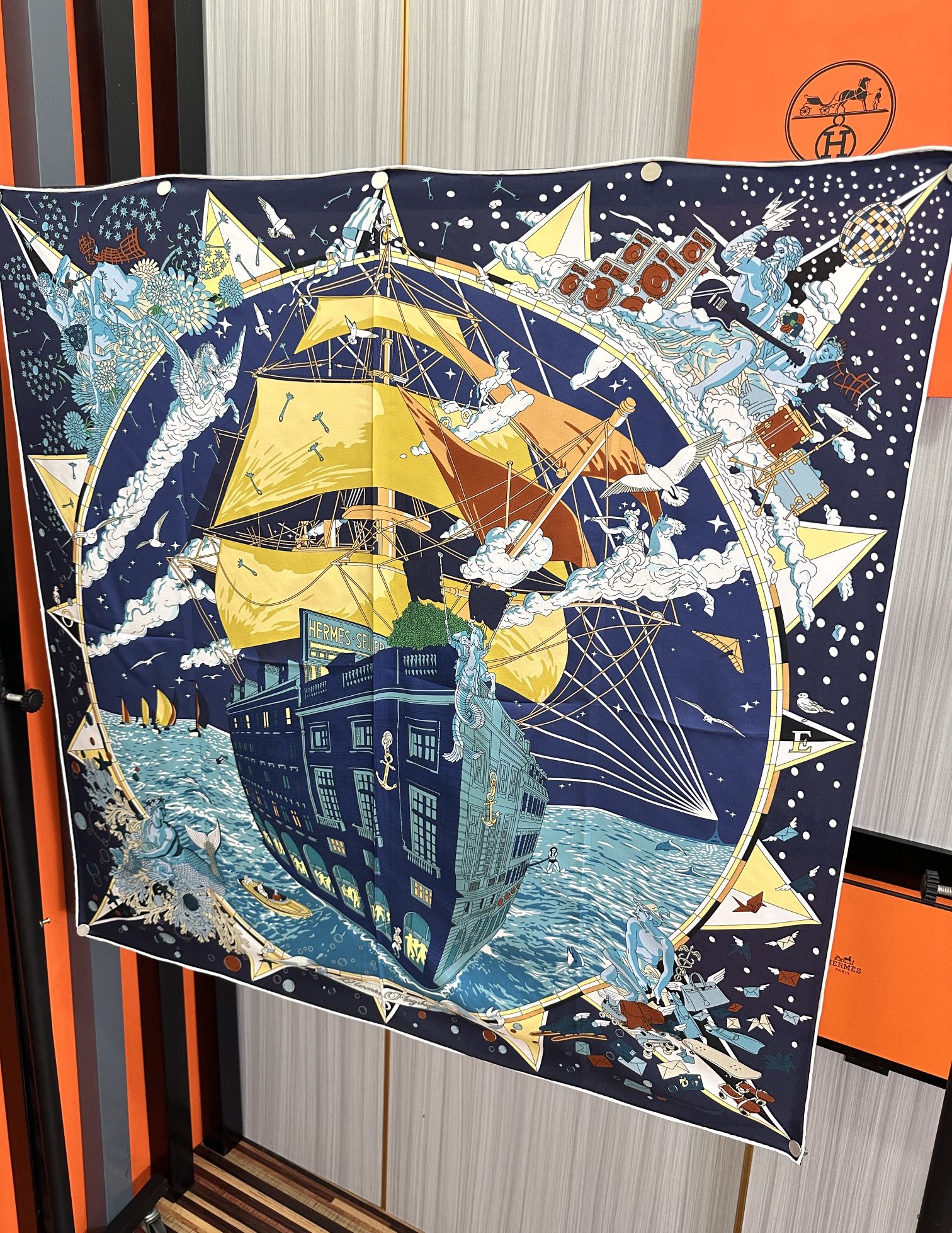 Flagship Silk Scarf 90 CM Charcoal Blue Colorful