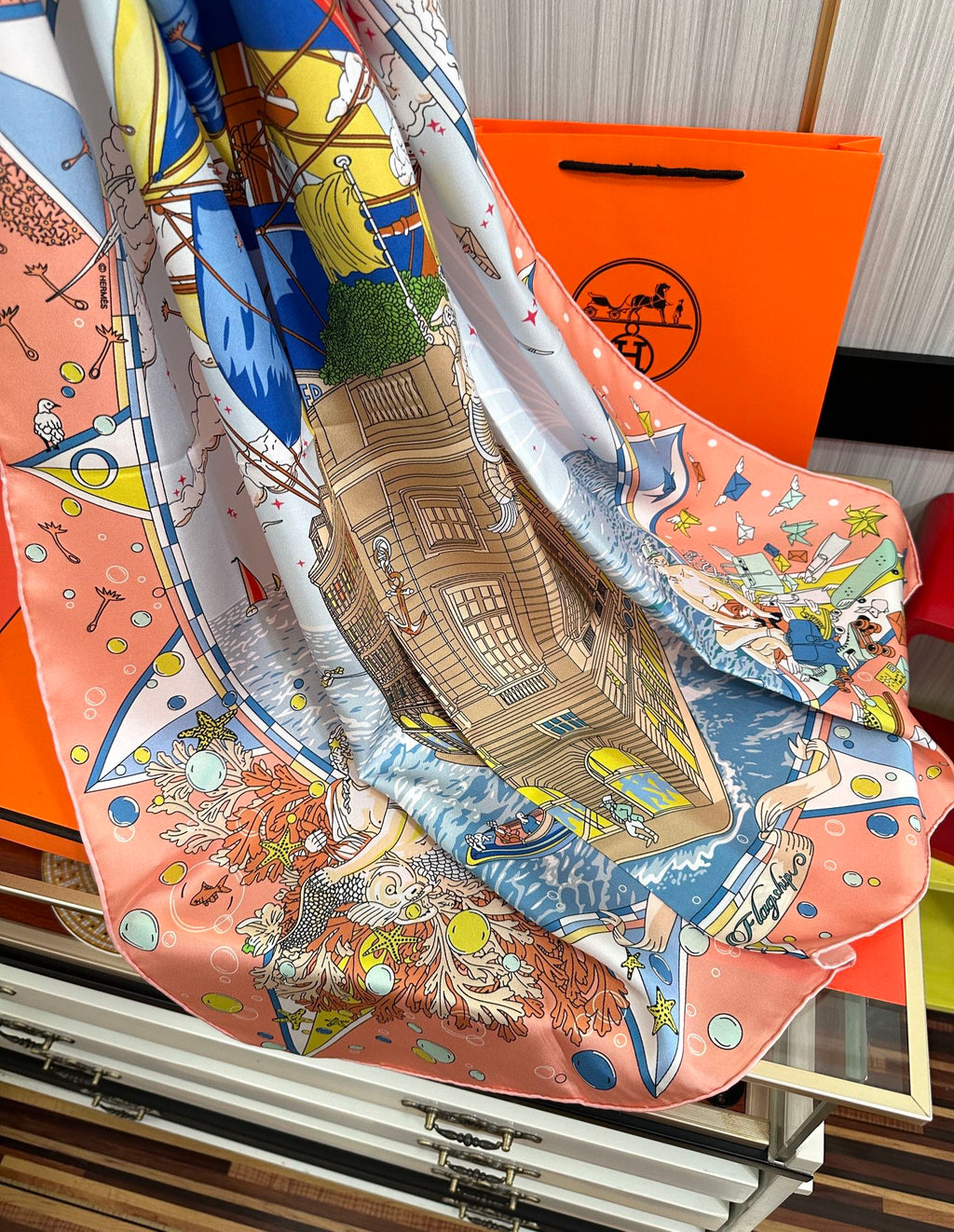 Flagship Silk Scarf 90 CM Pink Orange Colorful