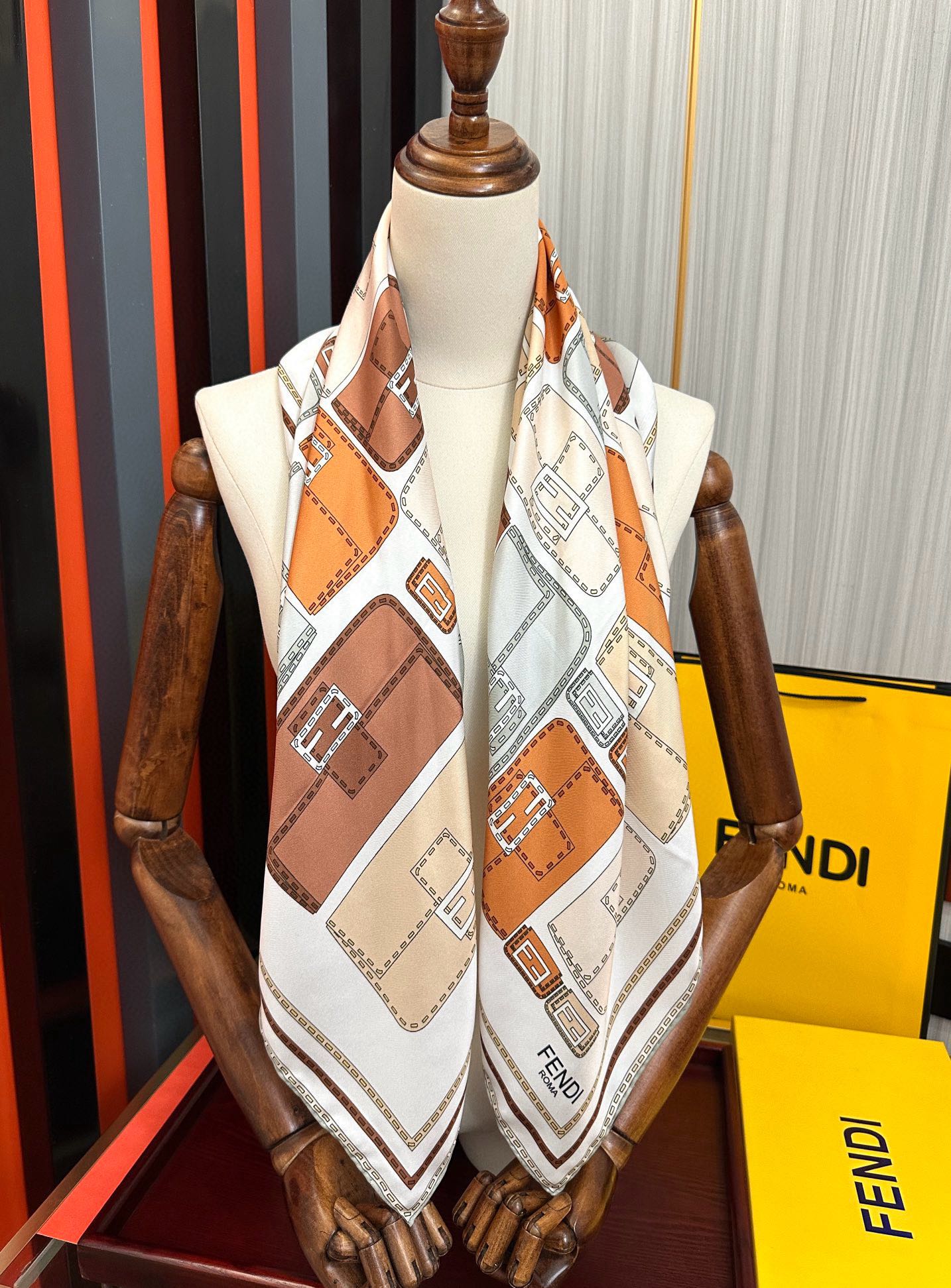 FF 90CM Scarf Beige Brown Mulberry Silk 103061