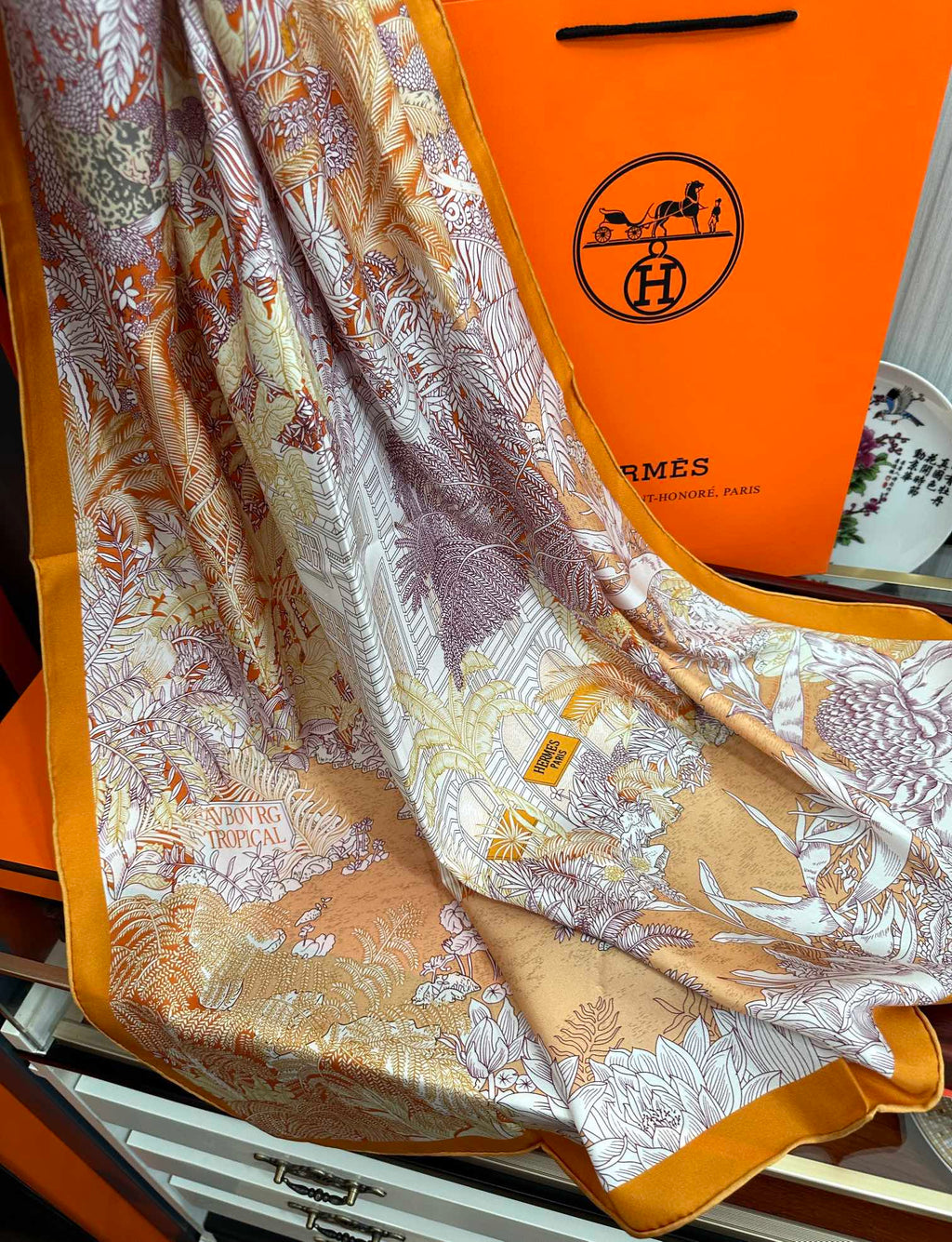 HM 25s Scarf 90cm Orange Light Pink Cashmere Silk 965568