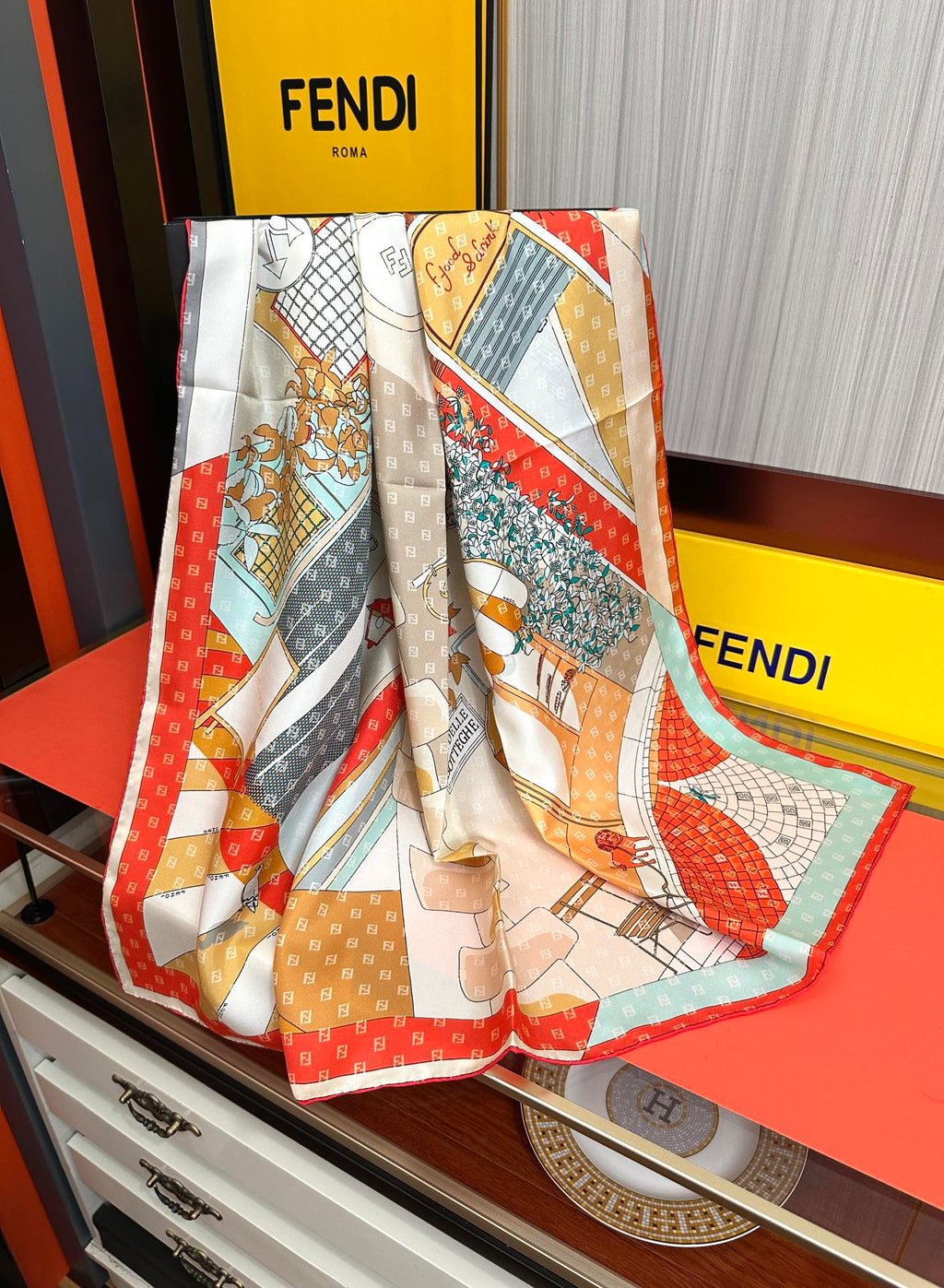FF 90CM Scarf Orange White Mulberry Silk 103065