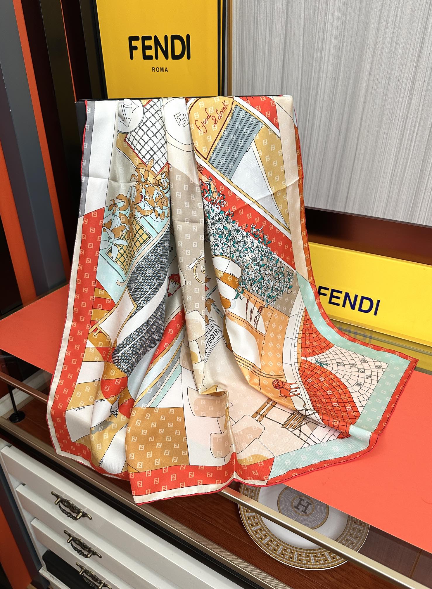 FF 90CM Scarf Orange White Mulberry Silk 103065