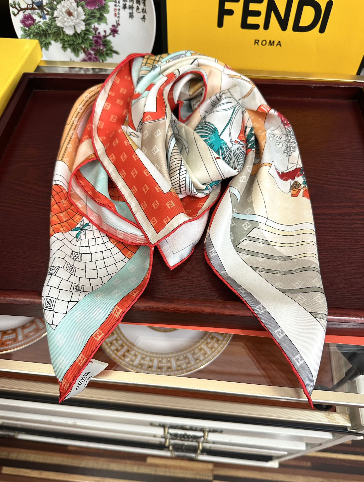 FF 90CM Scarf Orange White Mulberry Silk 103065
