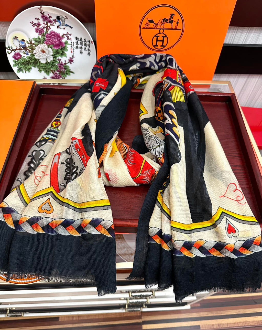 HM 25s Scarf 200cm Black Beige Cashmere 976423