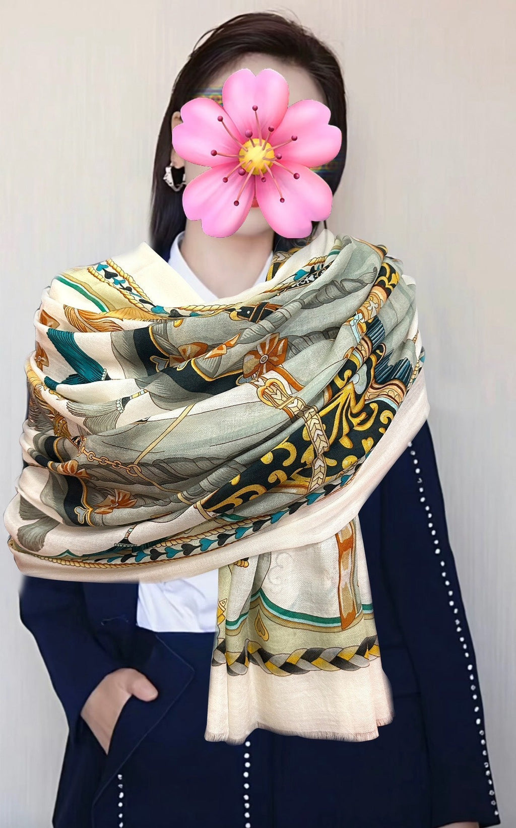 HM 25s Scarf 200cm White Beige Blue Cashmere 976425